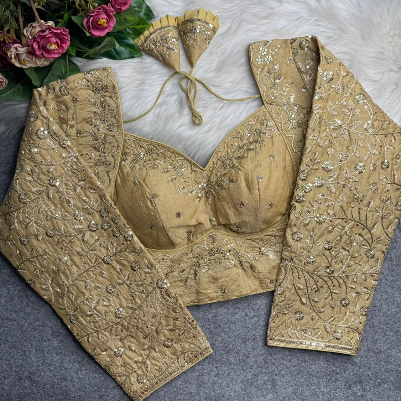 Cream Pure Madhubala Style Heavy Long Sleeves Work Blouse