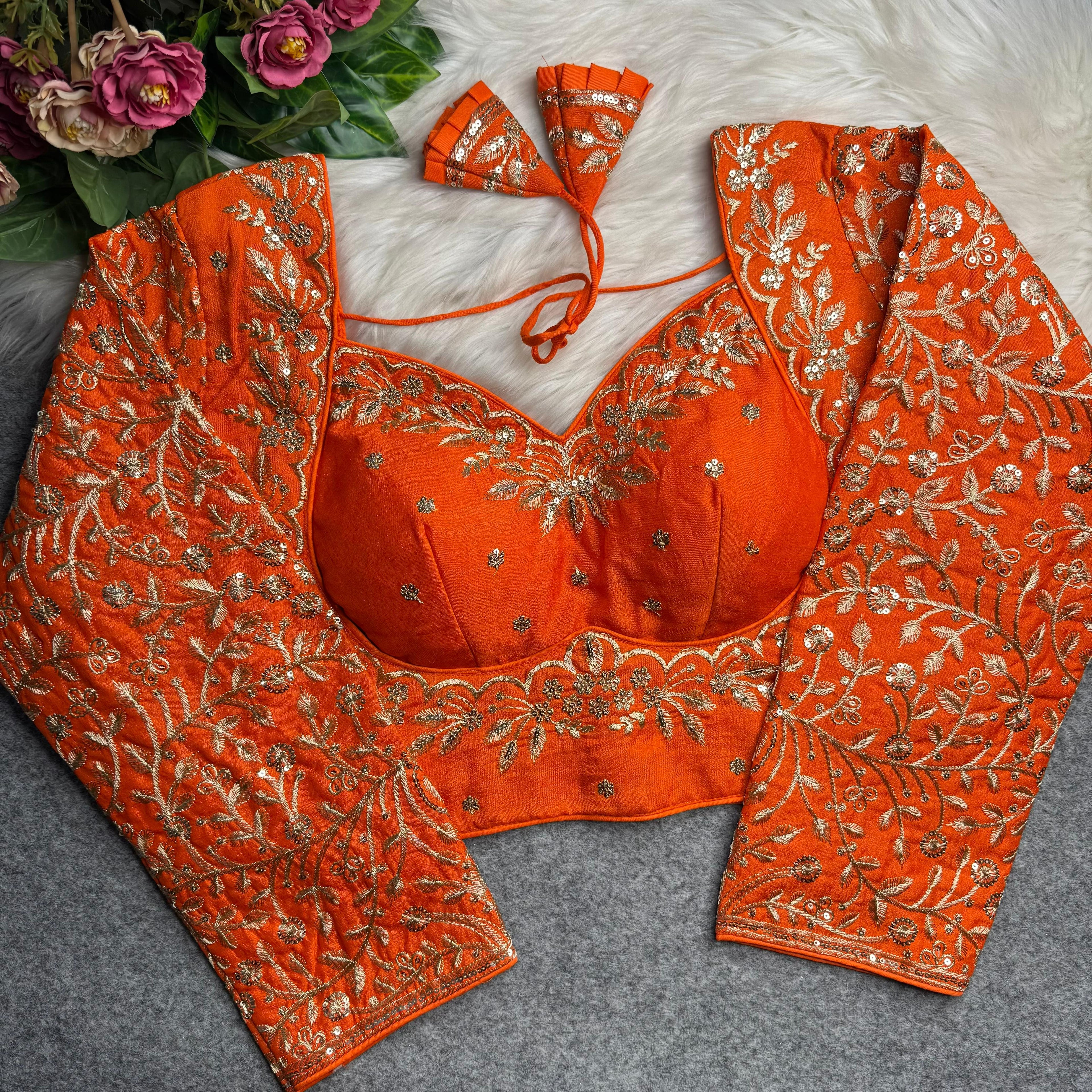 Orange Pure Madhubala Style Heavy Long Sleeves Work Blouse