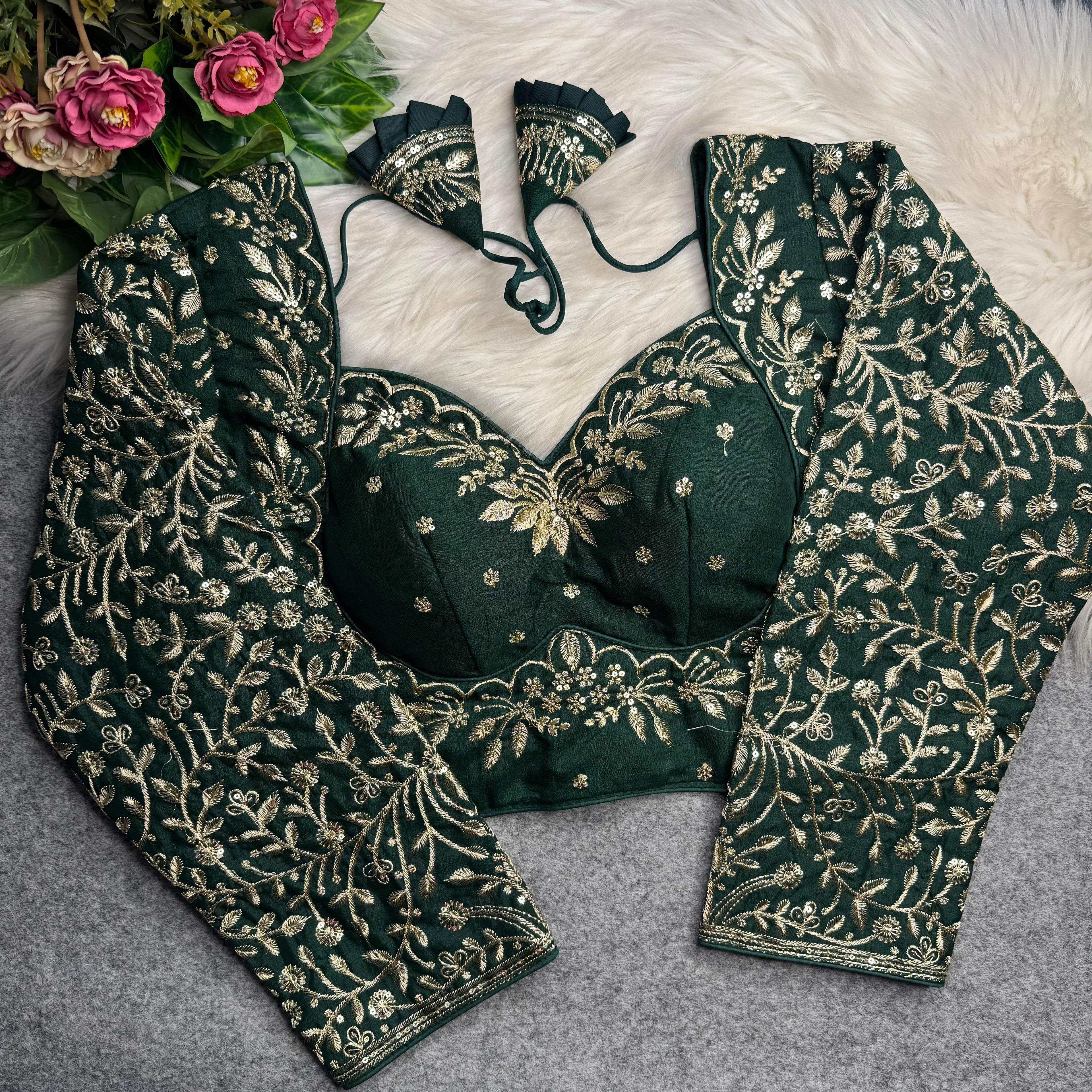 Green Pure Madhubala Style Heavy Long Sleeves Work Blouse