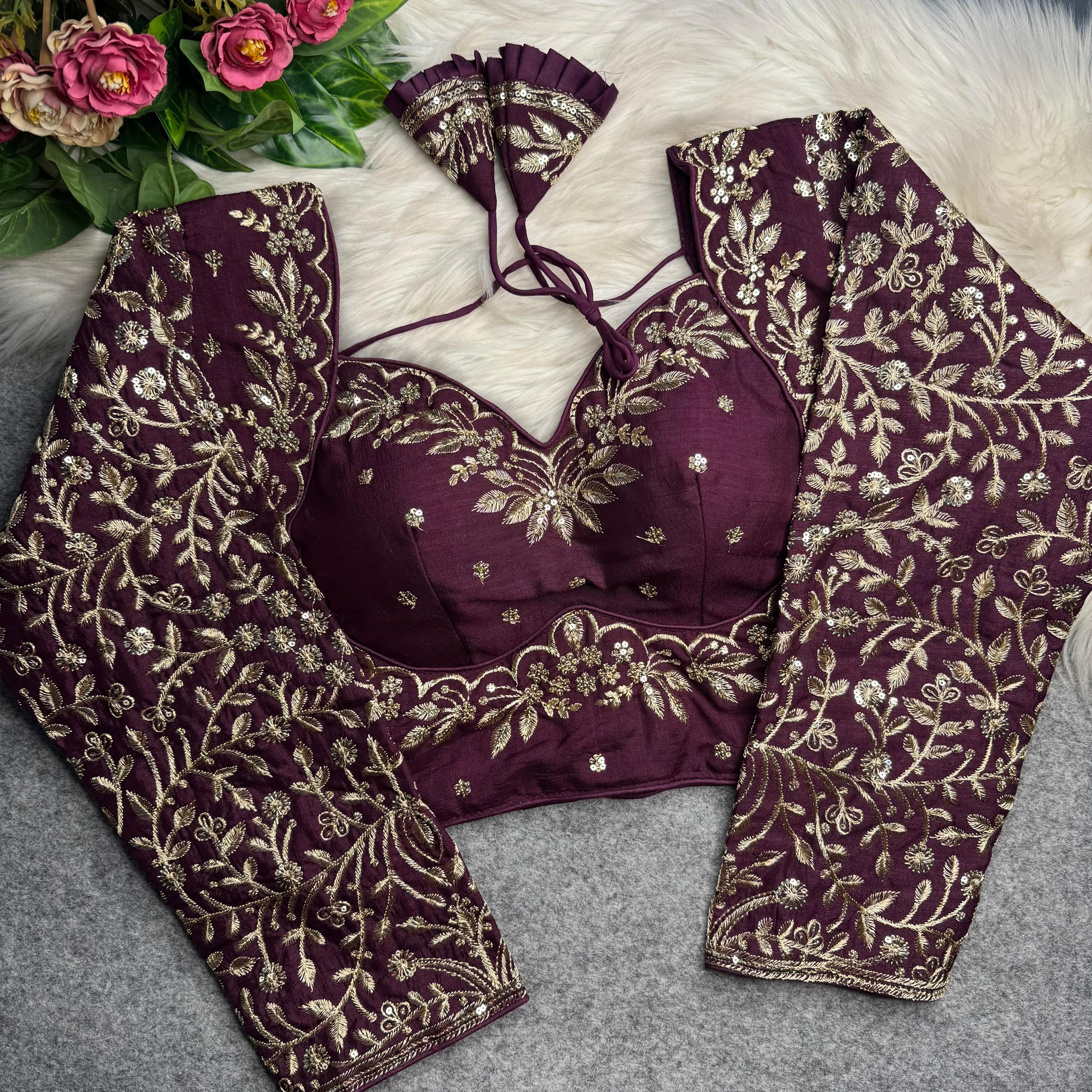 Wine Pure Madhubala Style Heavy Long Sleeves Work Blouse