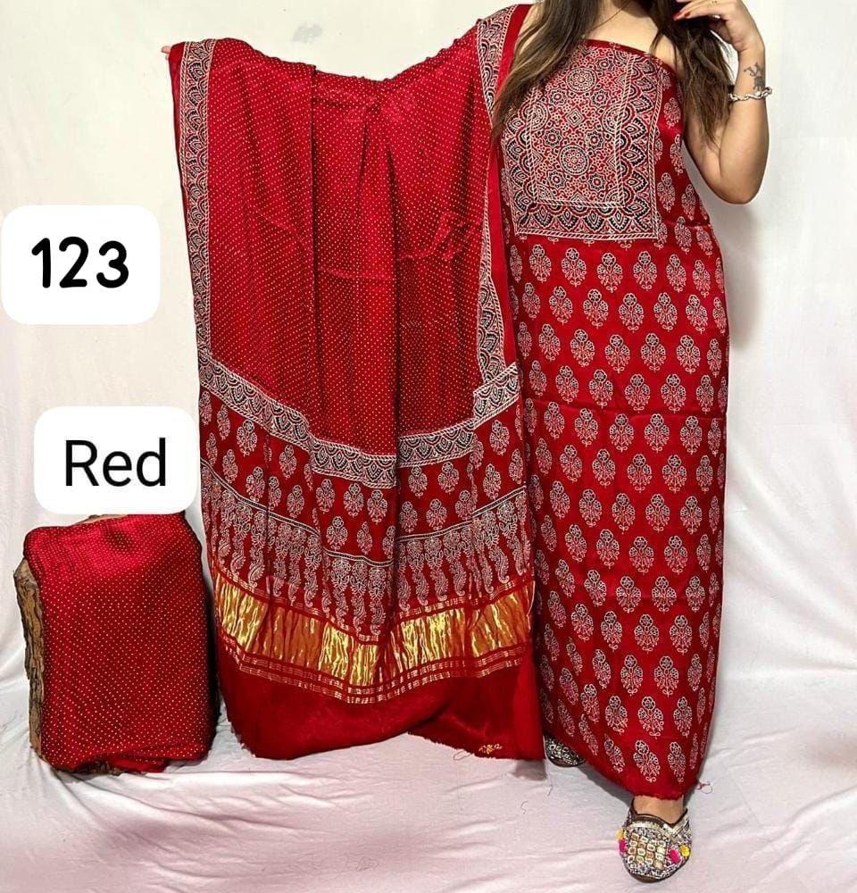 Red Pure Modal Gajji Silk Natural Ajrakh Hand Block Print Dupatta Suit