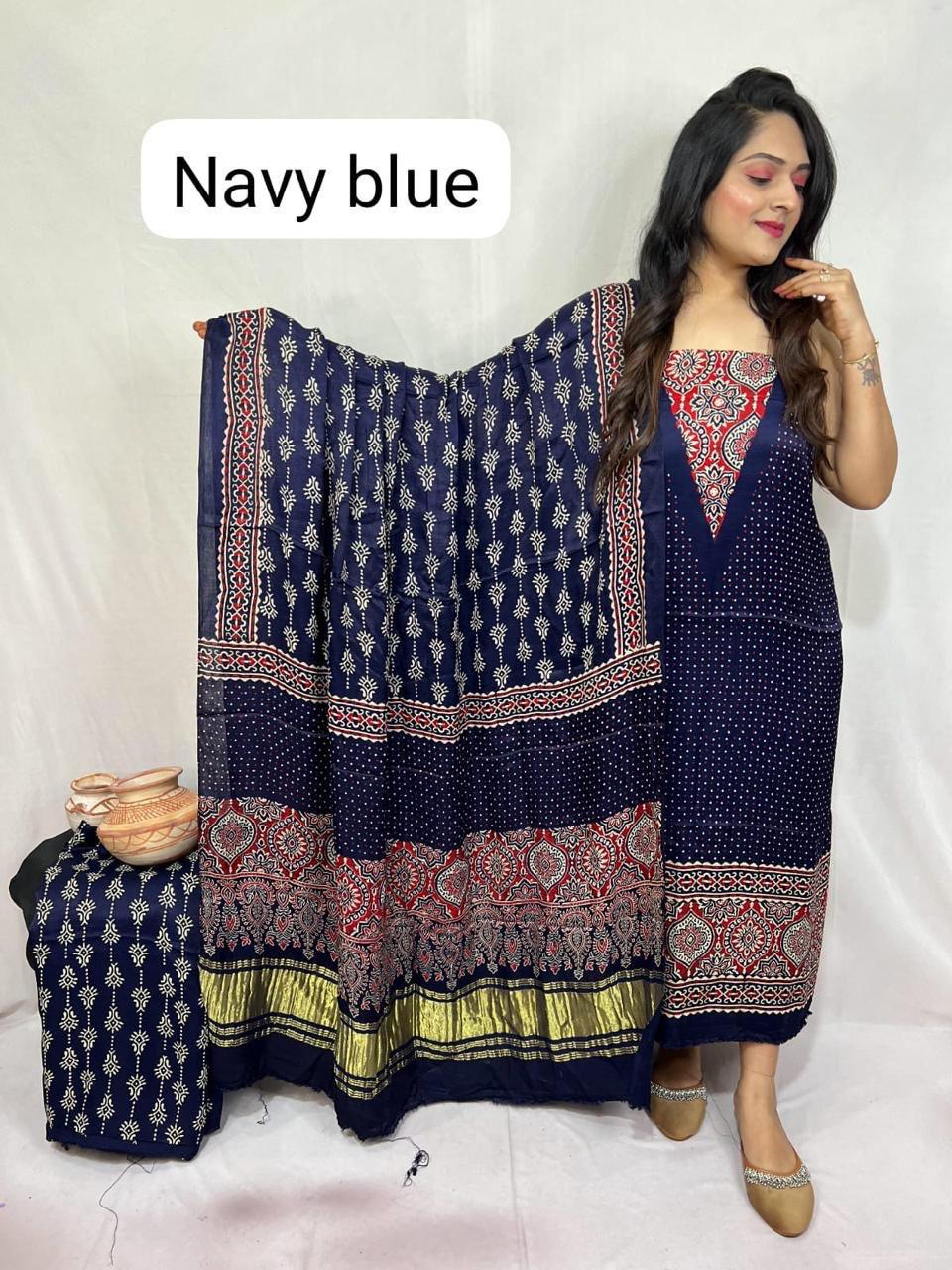 Navy Blue Pure Modal Gajji Silk Natural Ajrakh Hand Block Print Dupatta Suit