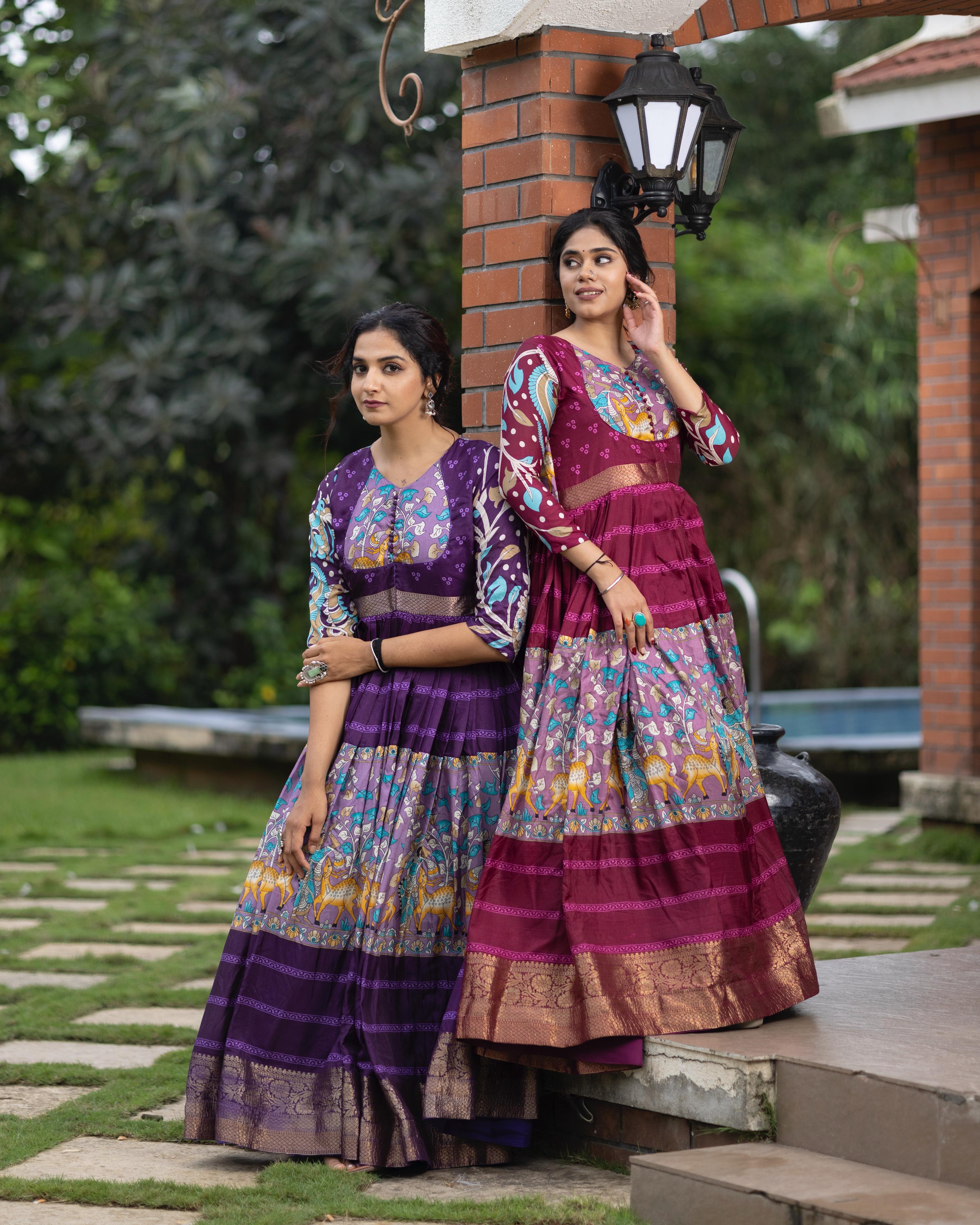 Cream Pure Soft Silk Kalamkari Print Anarkali Gown
