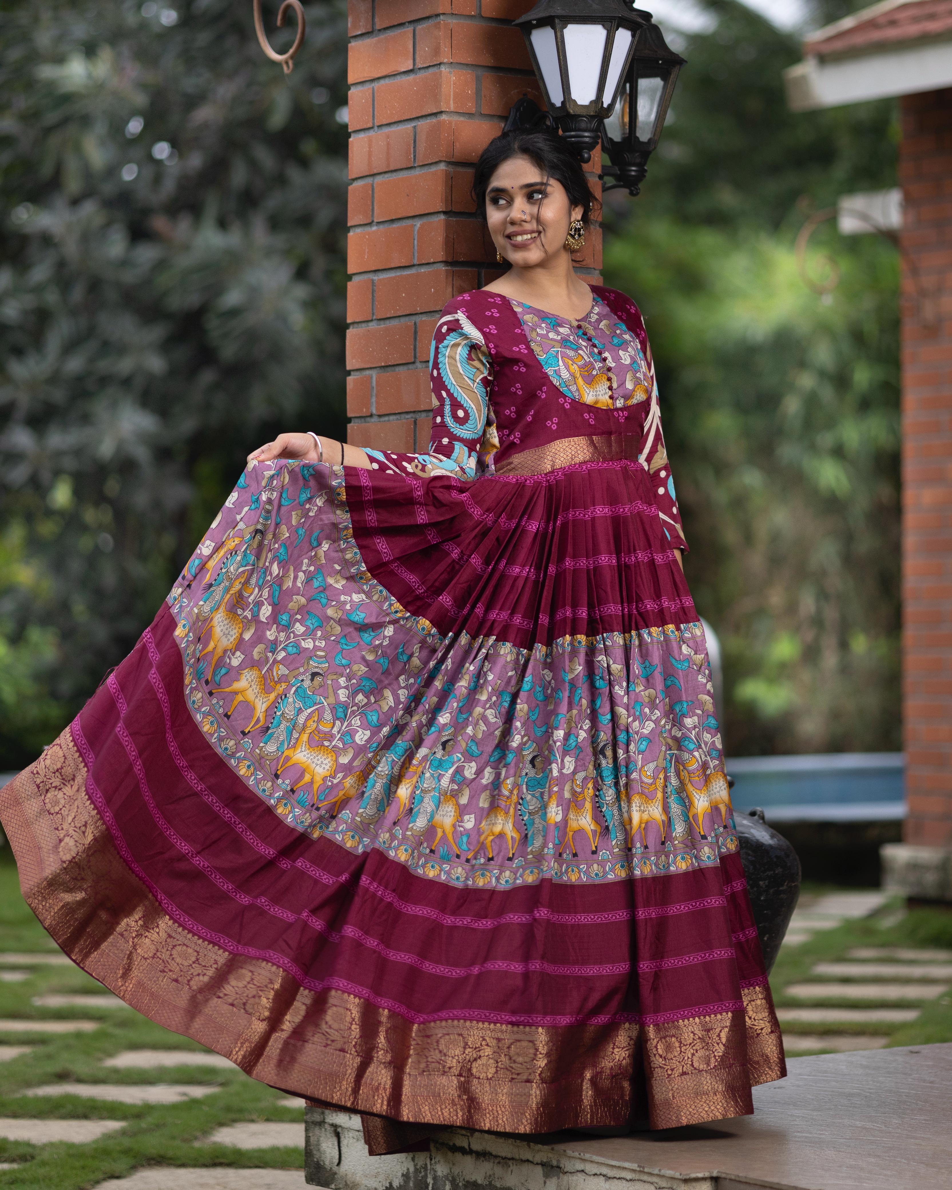 Cream Pure Soft Silk Kalamkari Print Anarkali Gown
