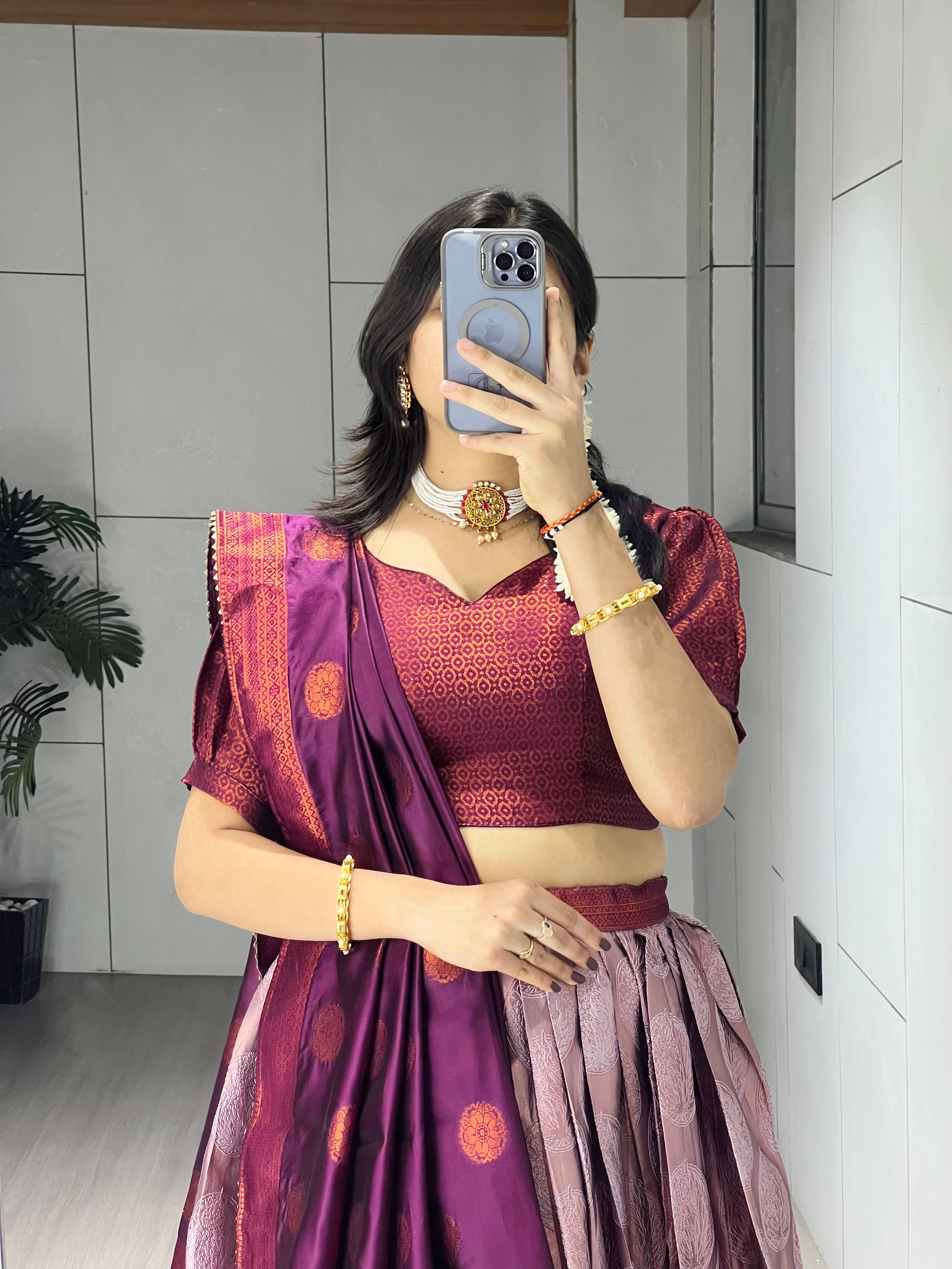 Wine Pure Silk Zari Weaving Kalamkari Weaving Border Lehenga Choli