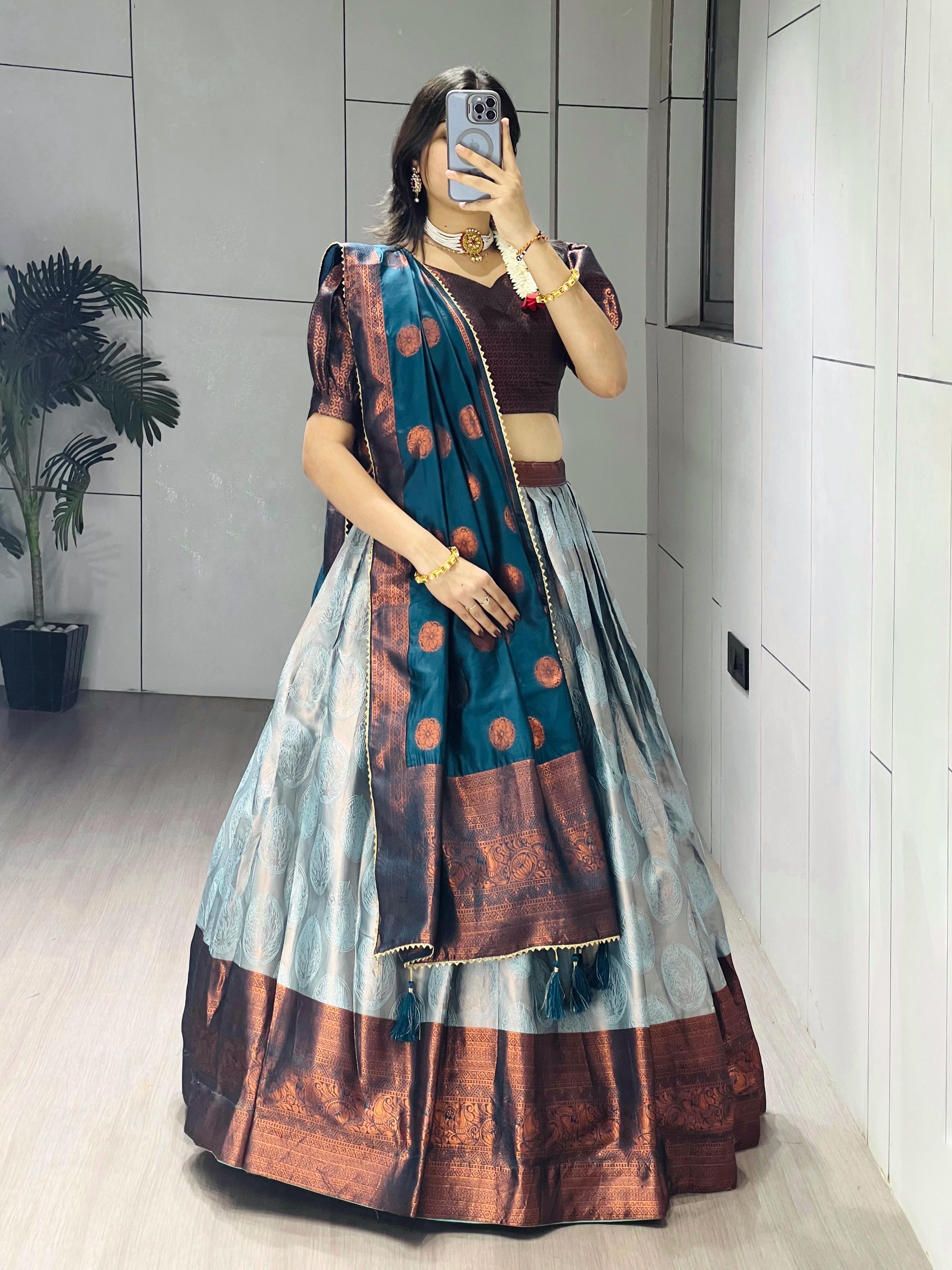 Rama Pure Silk Zari Weaving Kalamkari Weaving Border Lehenga Choli