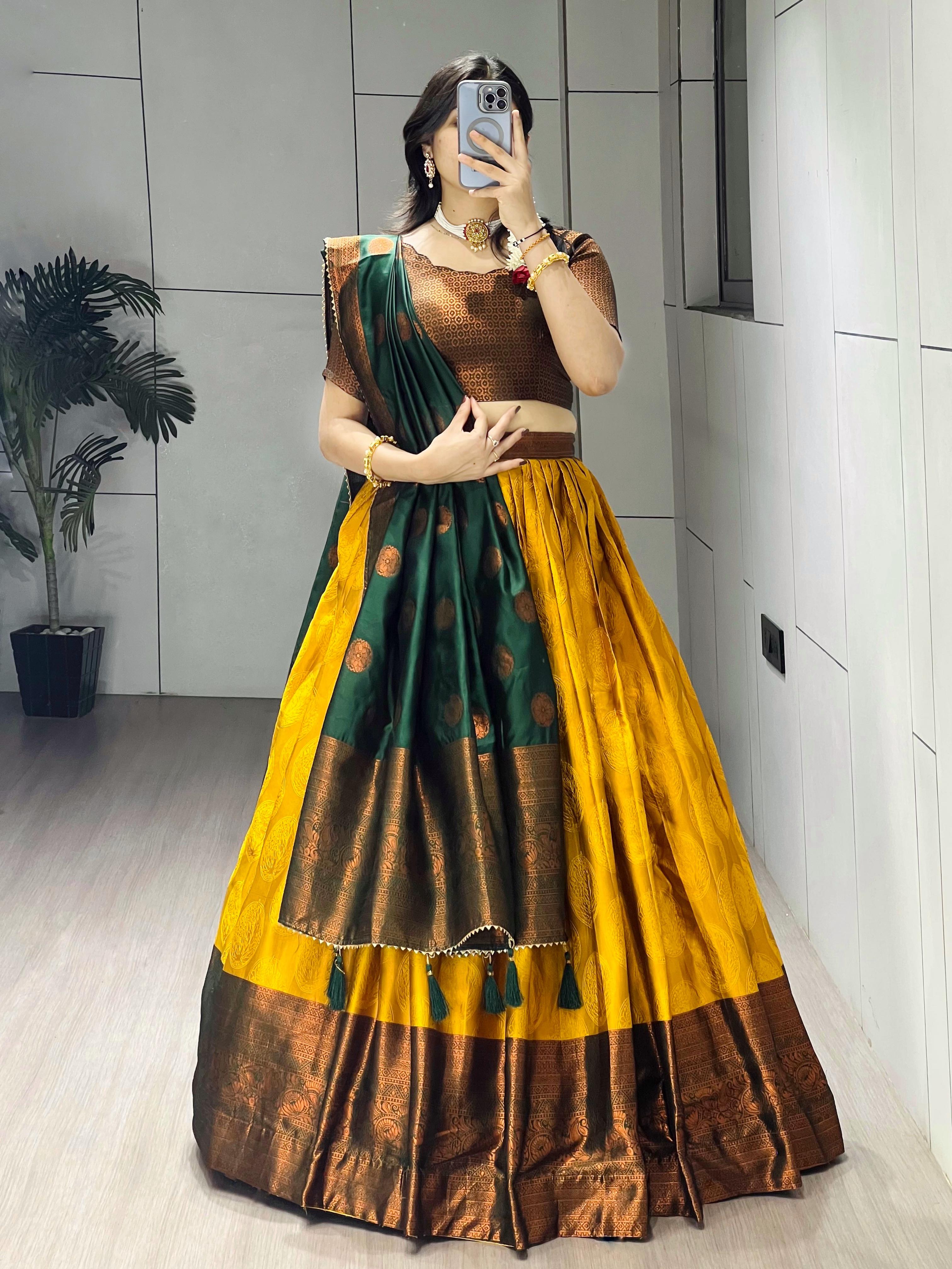 Mustard Pure Silk Zari Weaving Kalamkari Weaving Border Lehenga Choli