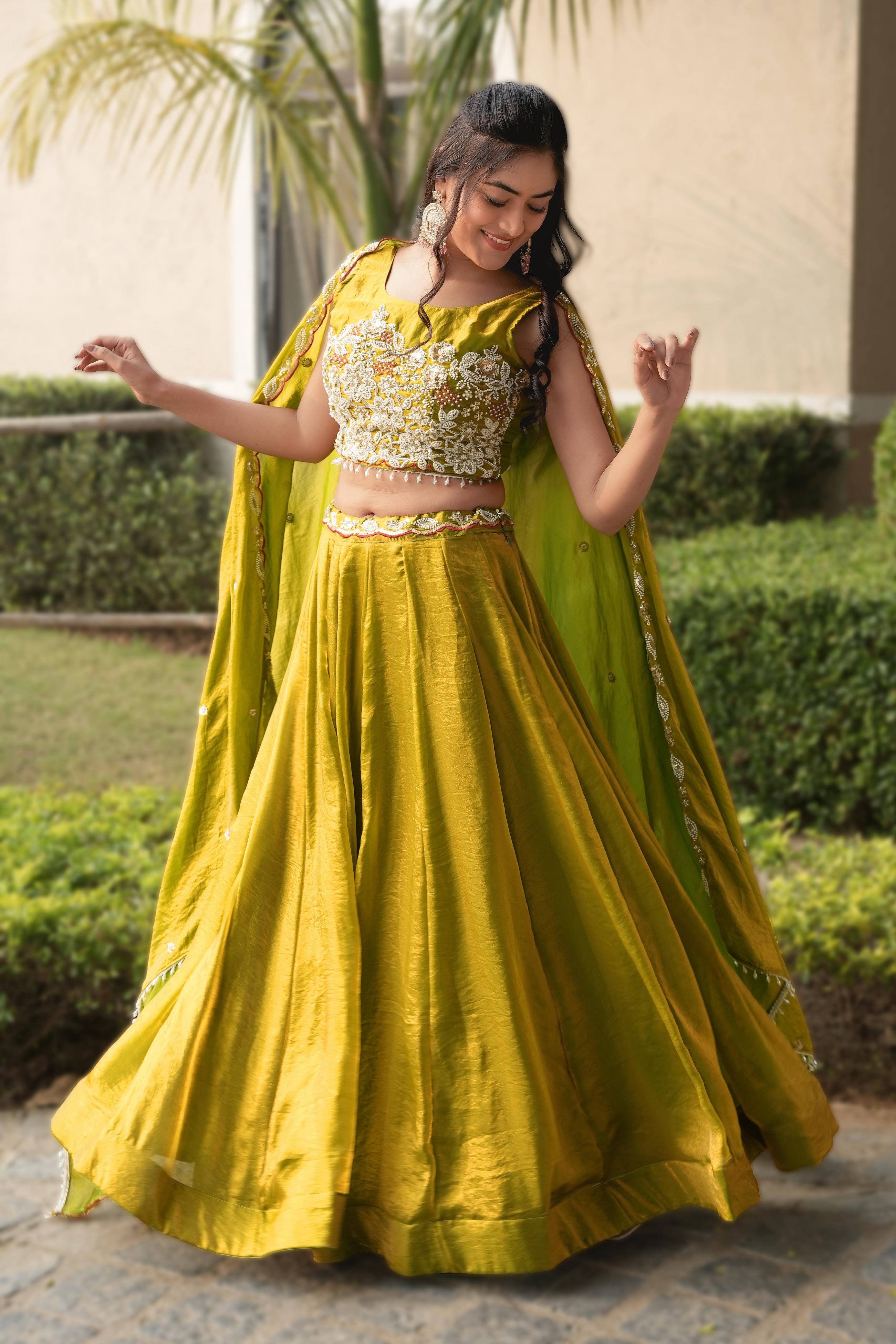 Antique Gold Pure Fendy Plain Flairy Kali Work Lehenga Choli