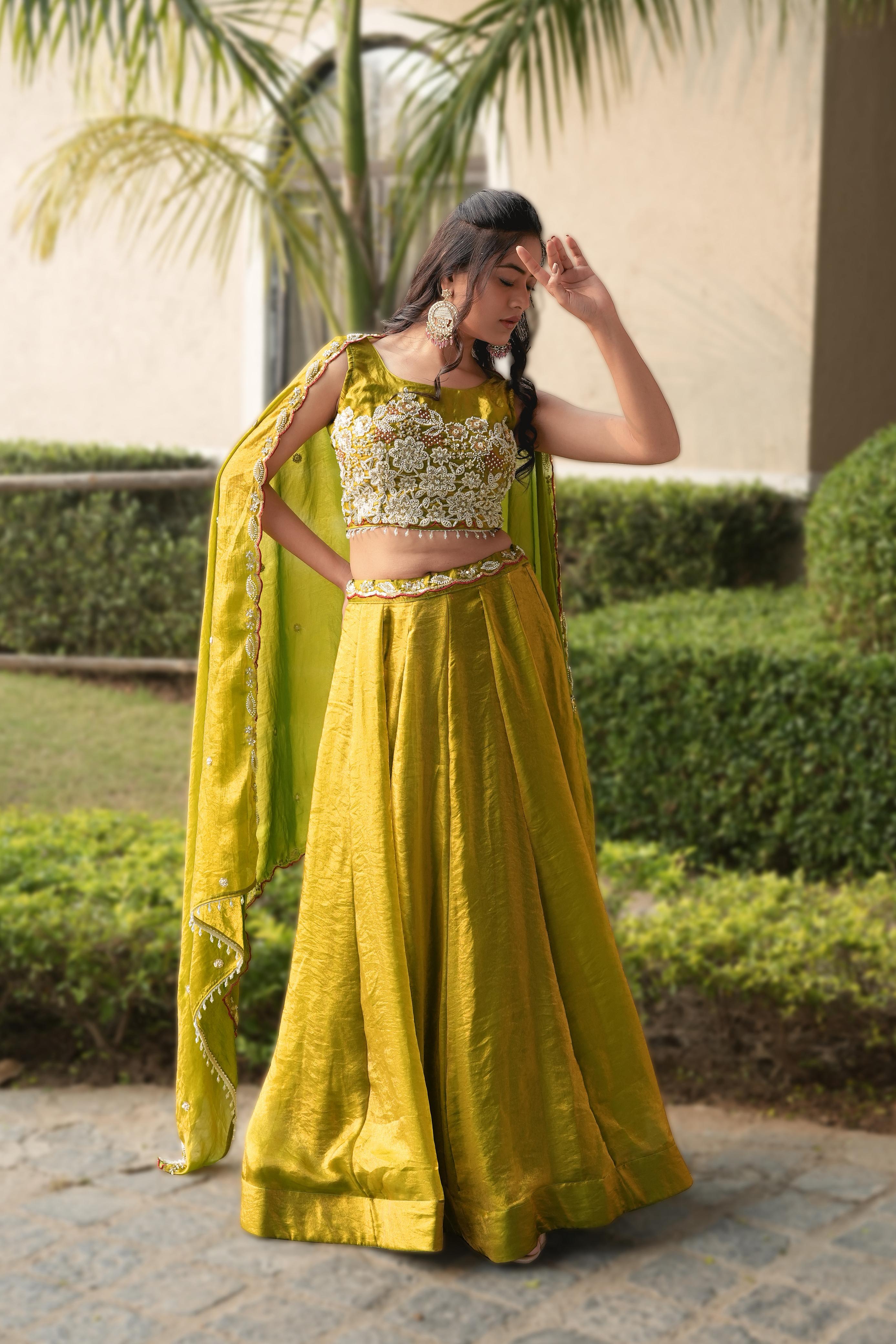 Antique Gold Pure Fendy Plain Flairy Kali Work Lehenga Choli
