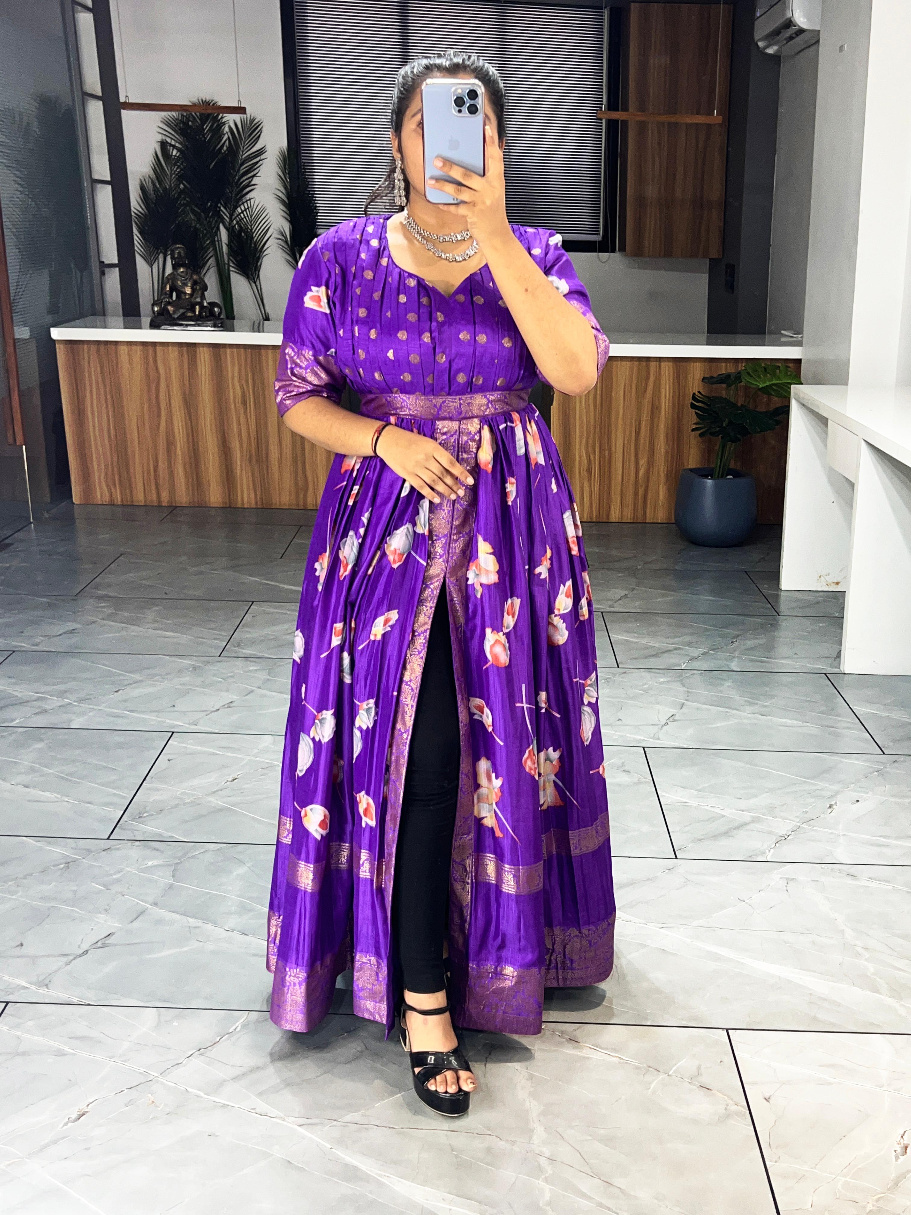 Purple Pure Soft Silk Floral Foil Print Anarkali Gown