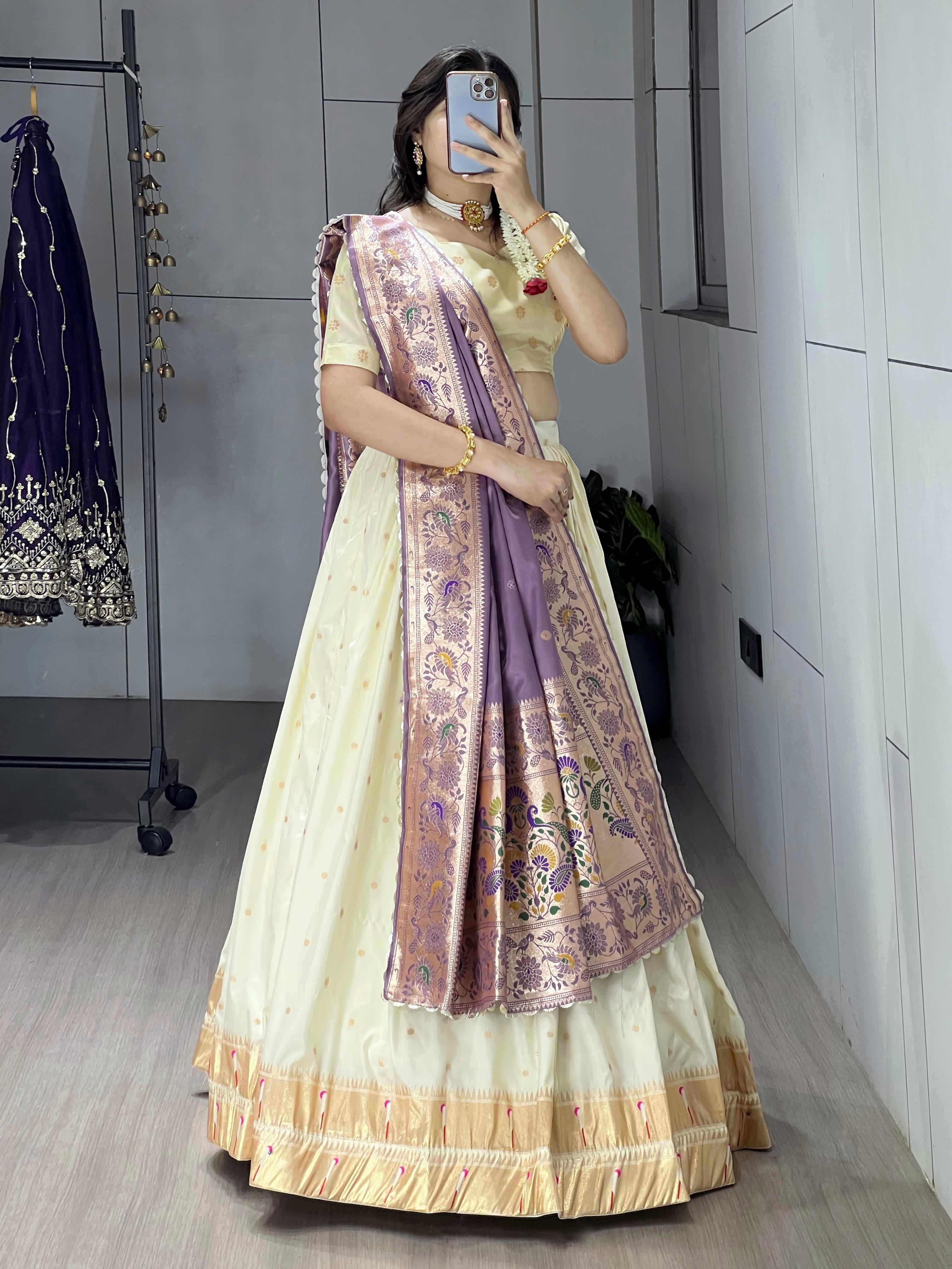 Purple Pure Paithani Silk Zari Weaving Work With Border and Butti Lehenga Choli