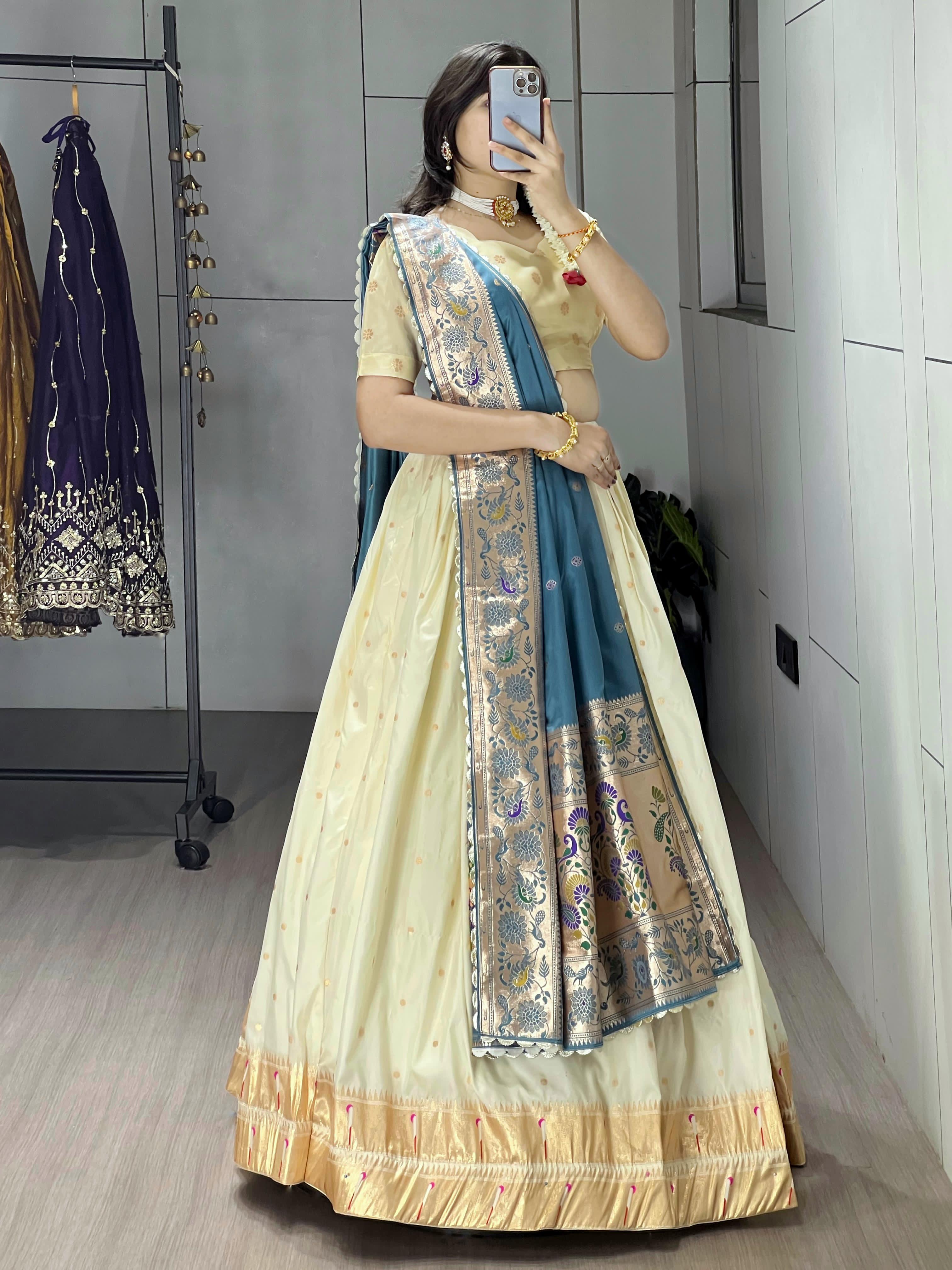 Rama Pure Paithani Silk Zari Weaving Work With Border and Butti Lehenga Choli