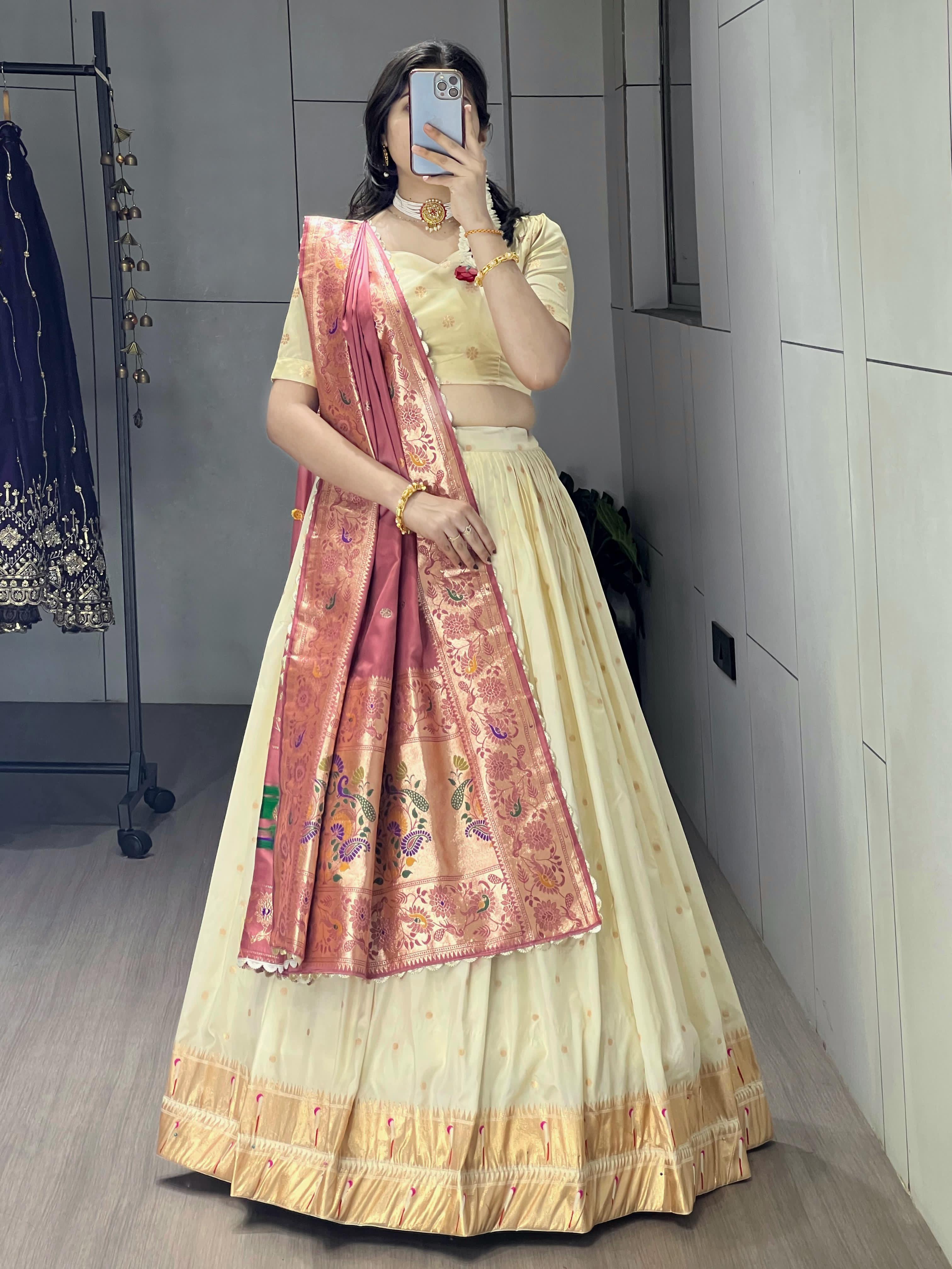 Gajari Pure Paithani Silk Zari Weaving Work With Border and Butti Lehenga Choli