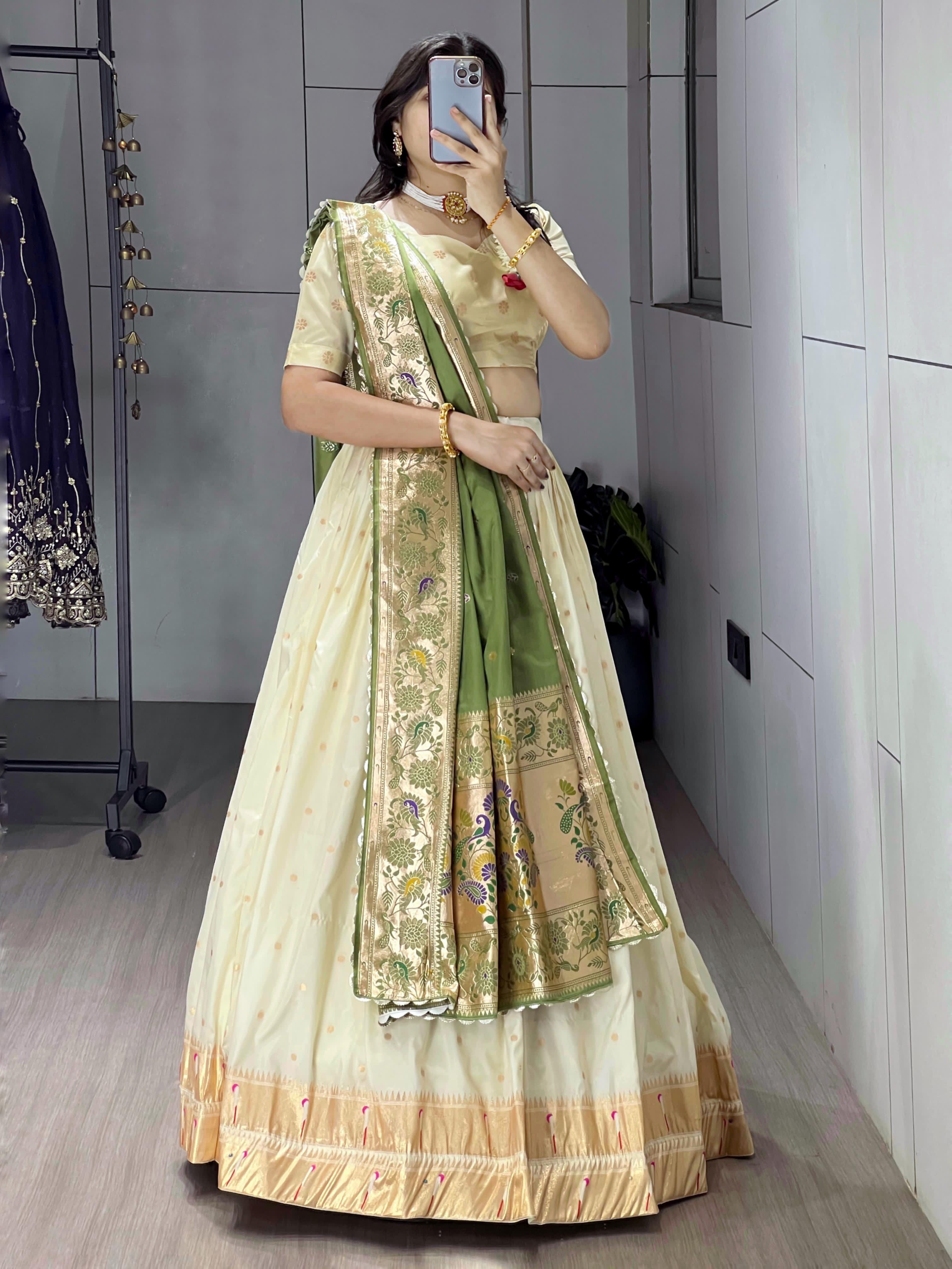 Green Pure Paithani Silk Zari Weaving Work With Border and Butti Lehenga Choli