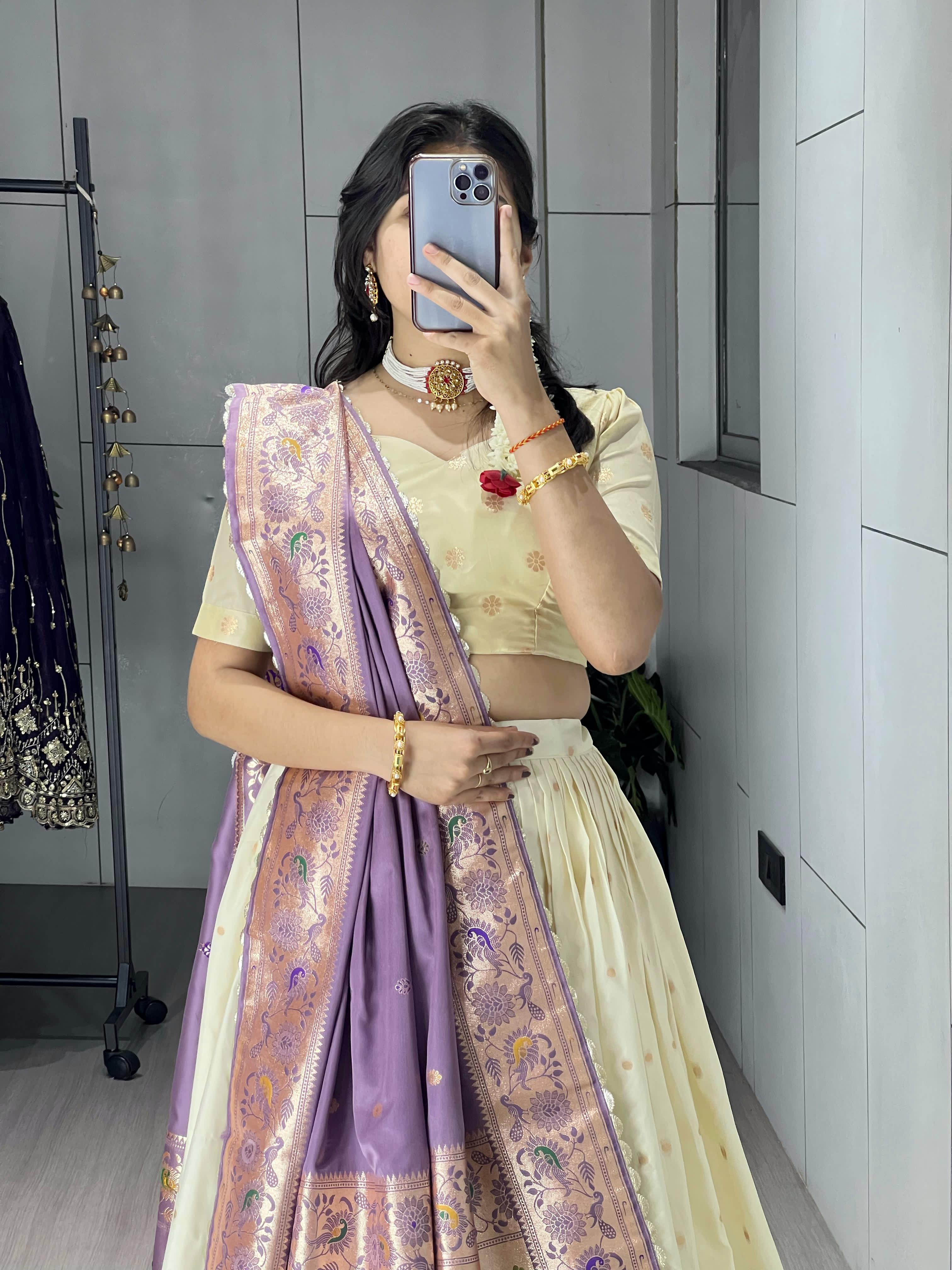Purple Pure Paithani Silk Zari Weaving Work With Border and Butti Lehenga Choli