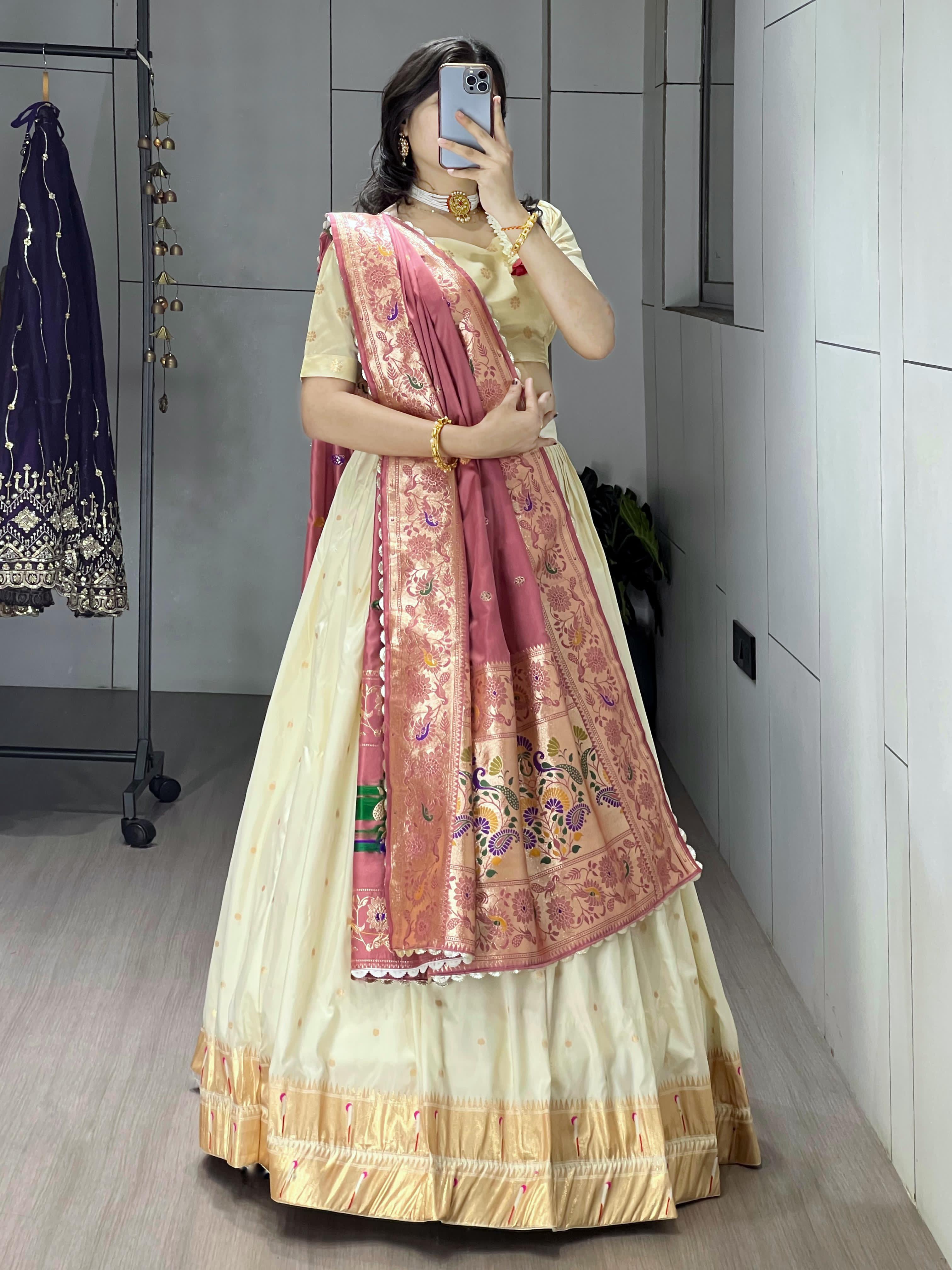 Gajari Pure Paithani Silk Zari Weaving Work With Border and Butti Lehenga Choli