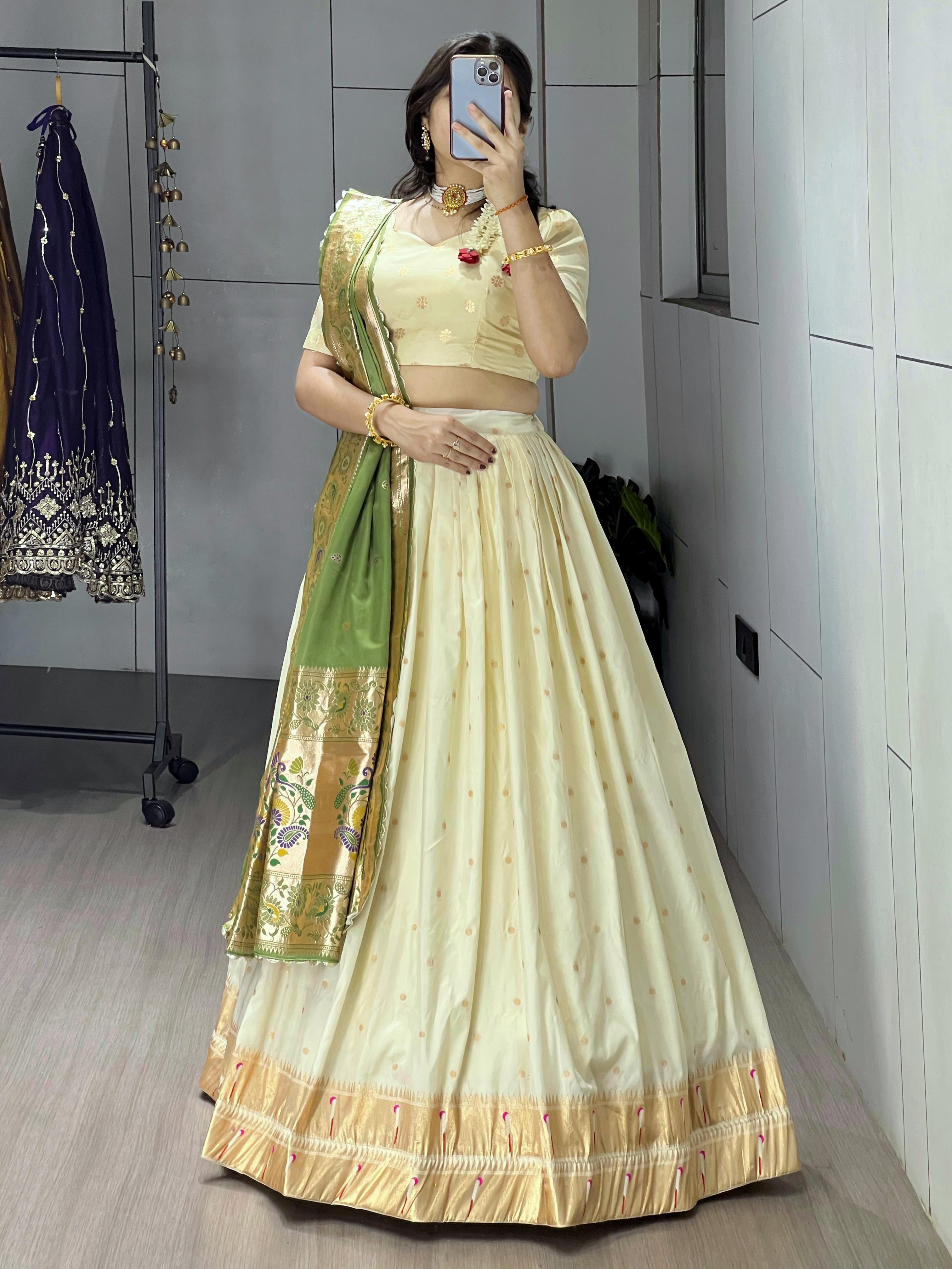 Green Pure Paithani Silk Zari Weaving Work With Border and Butti Lehenga Choli