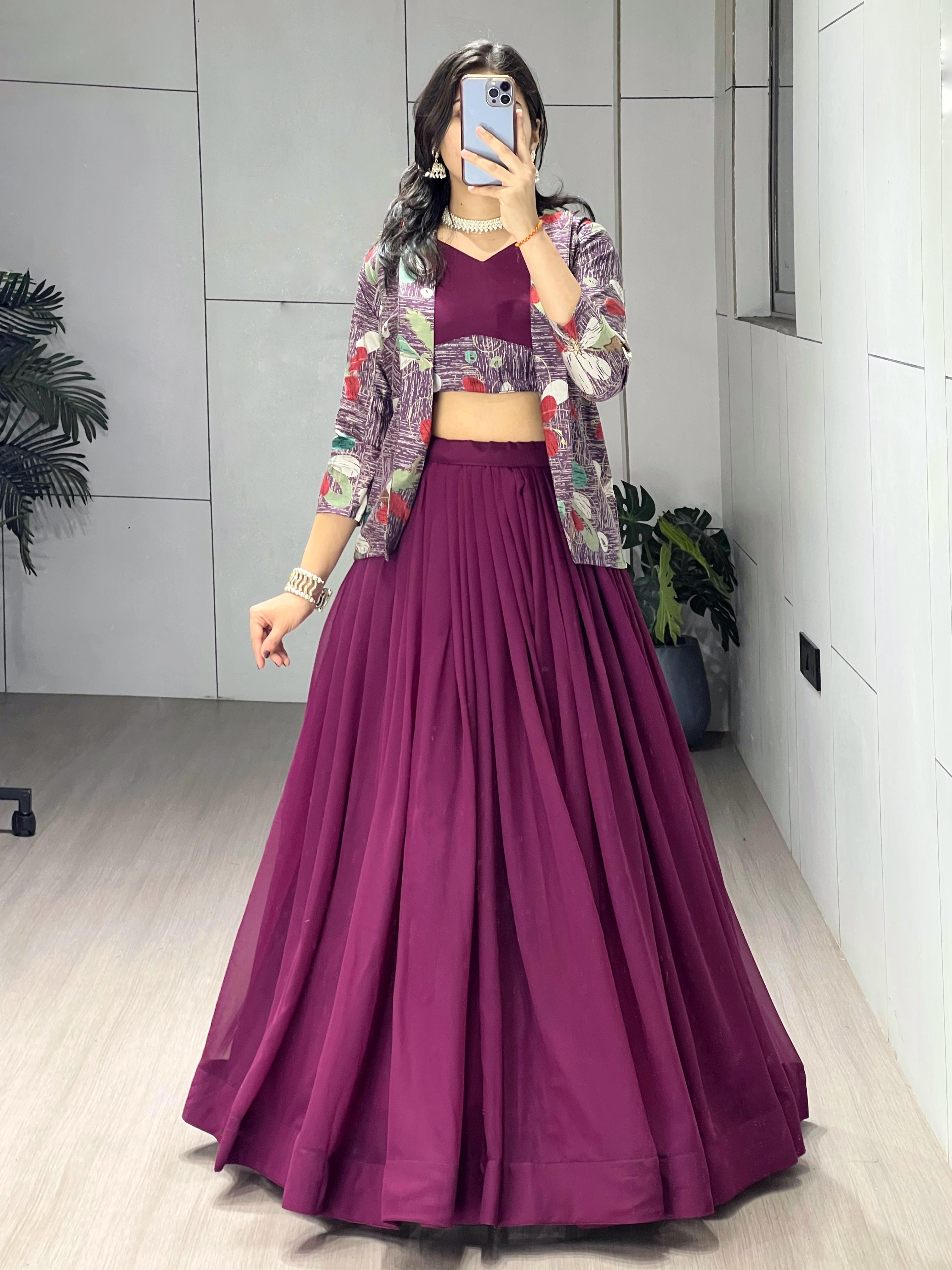 Wine Pure Faux Georgette Silk Classical Foil Printed Koti Lehenga Choli