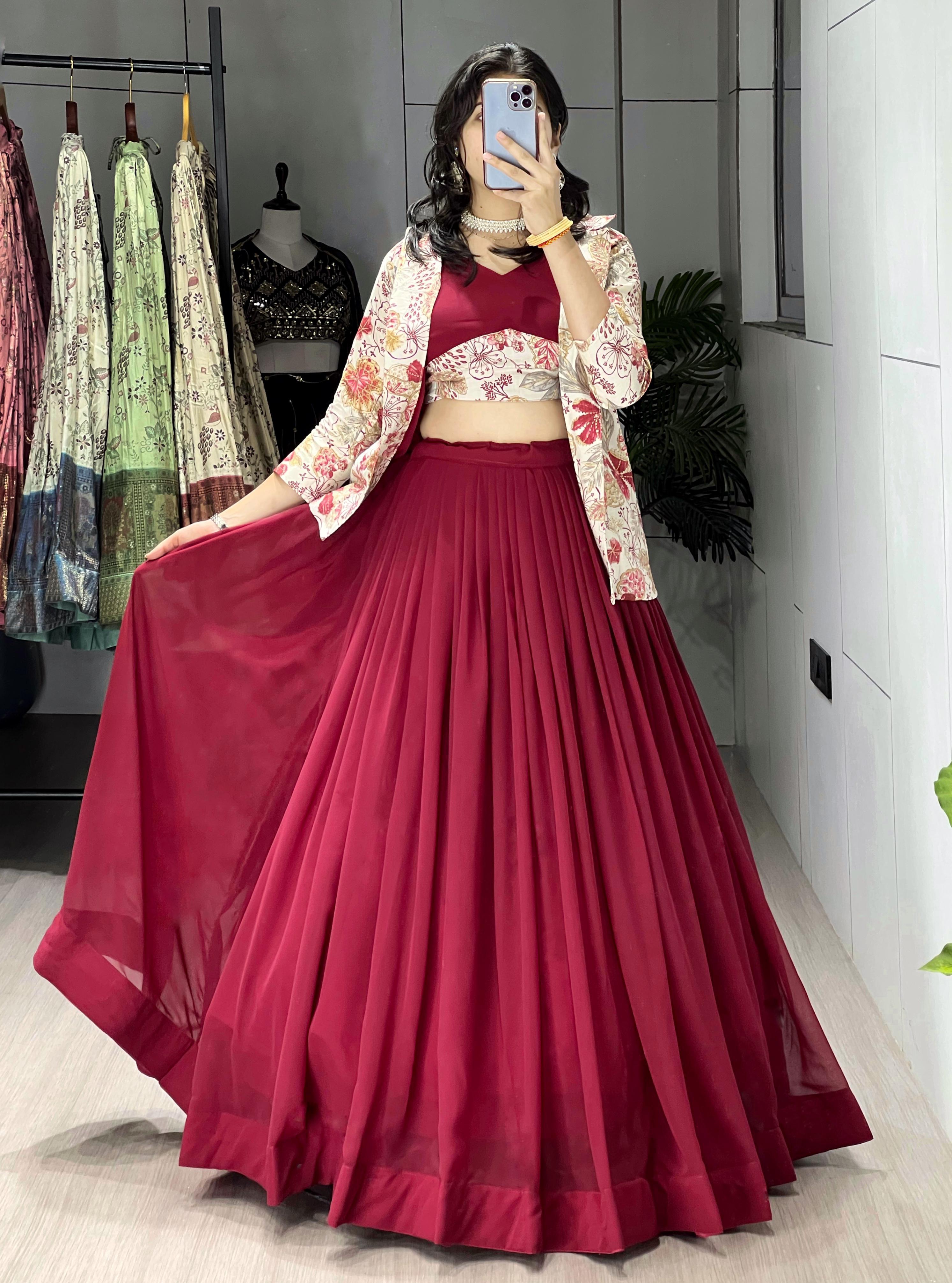 Maroon Pure Faux Georgette Silk Classical Foil Printed Koti Lehenga Choli