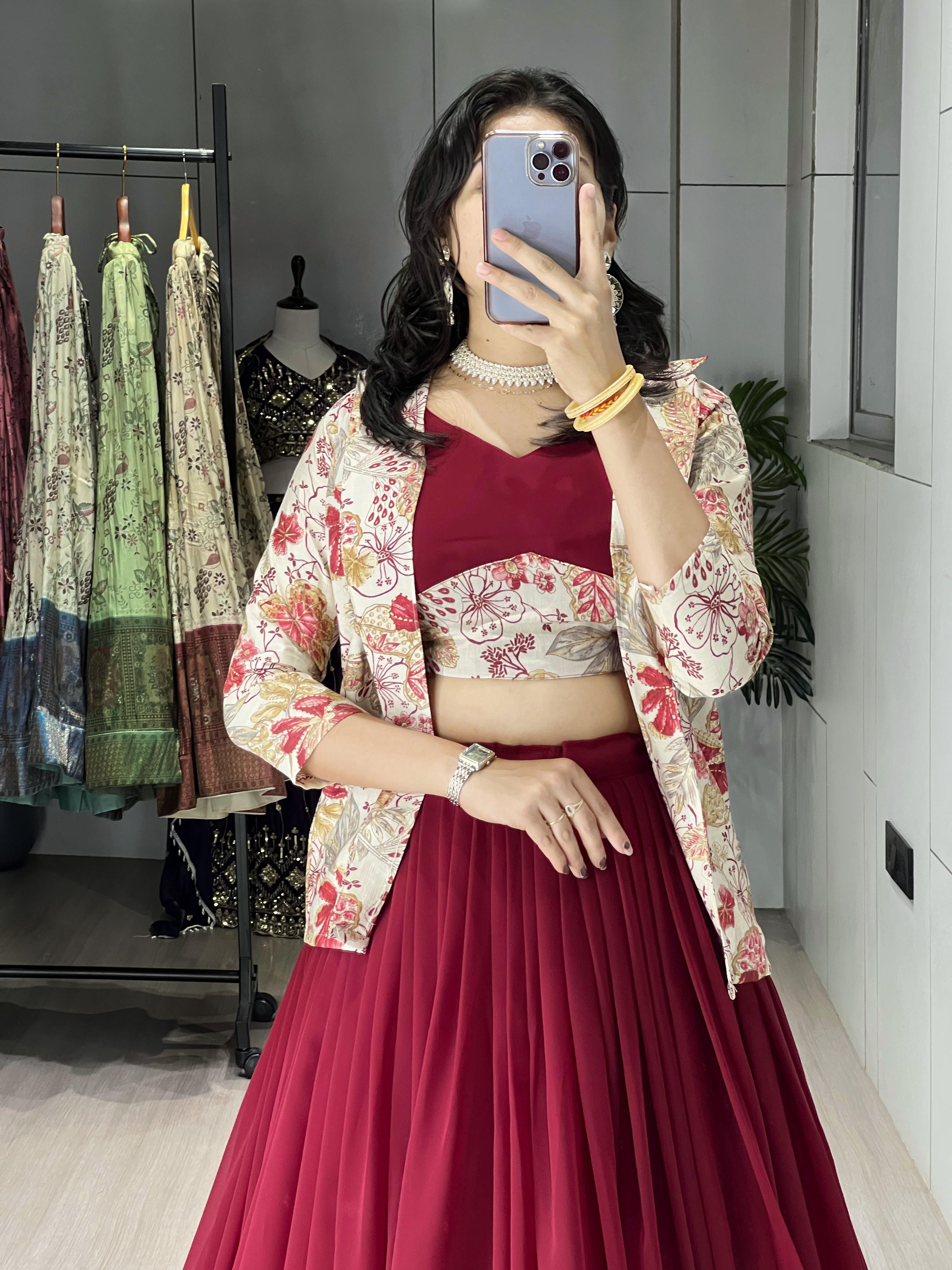Maroon Pure Faux Georgette Silk Classical Foil Printed Koti Lehenga Choli