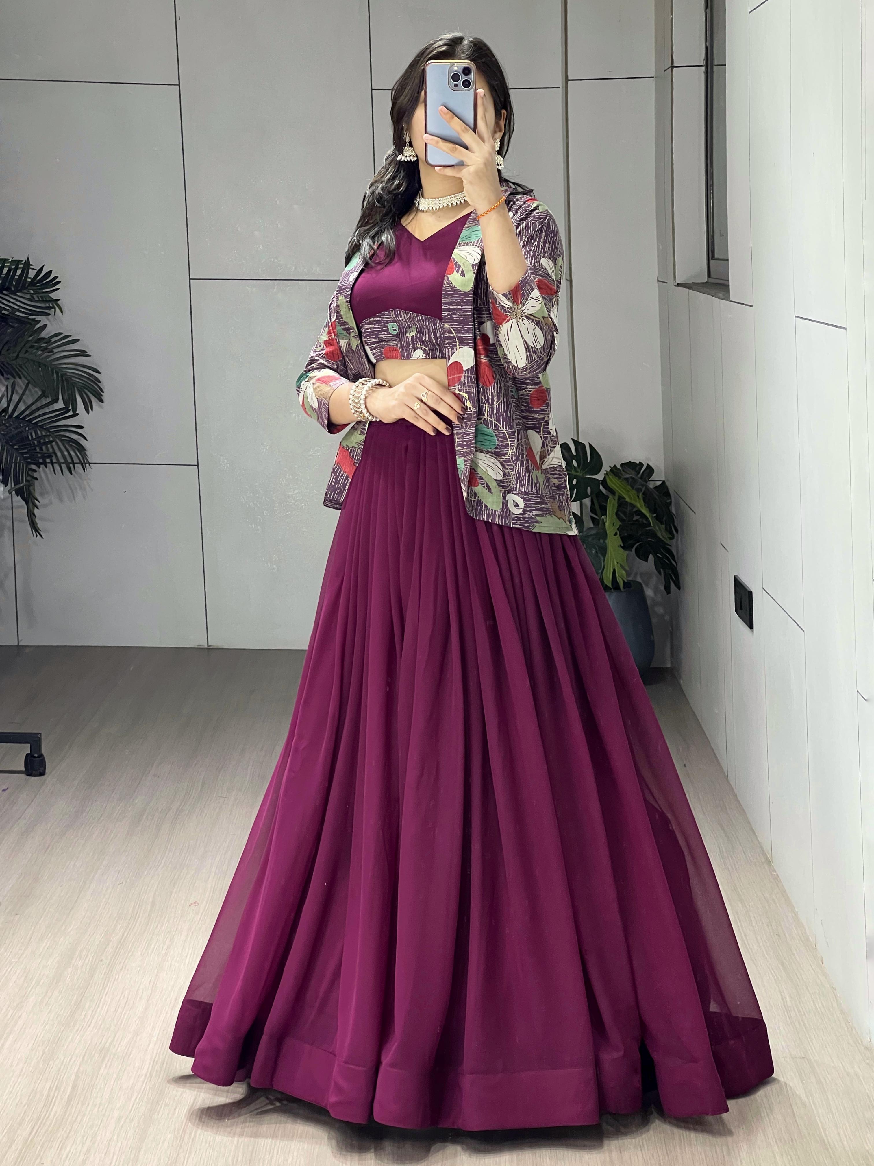 Wine Pure Faux Georgette Silk Classical Foil Printed Koti Lehenga Choli