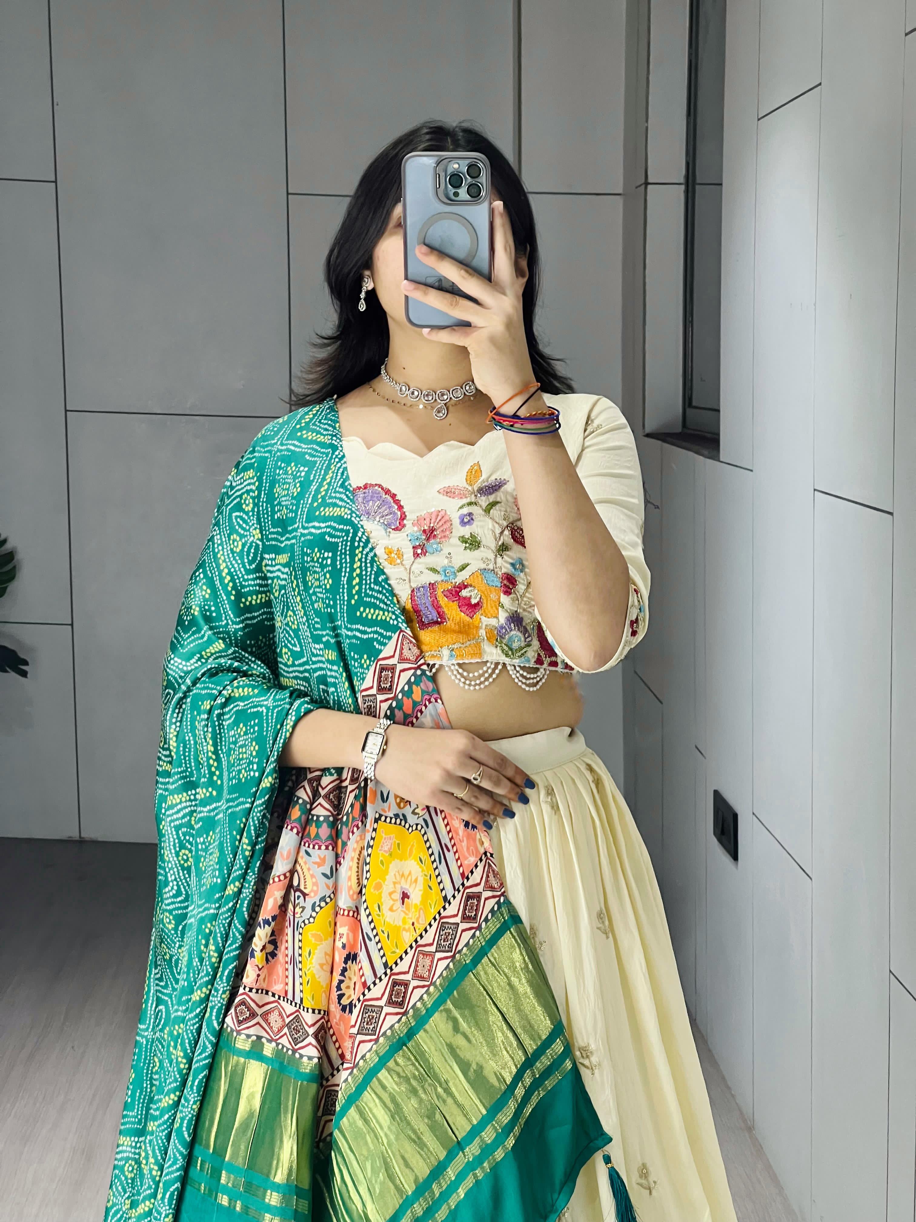 Cream Rama Pure Crush Vichitra Rich Semi Beads Embroidery Work Lehenga Choli
