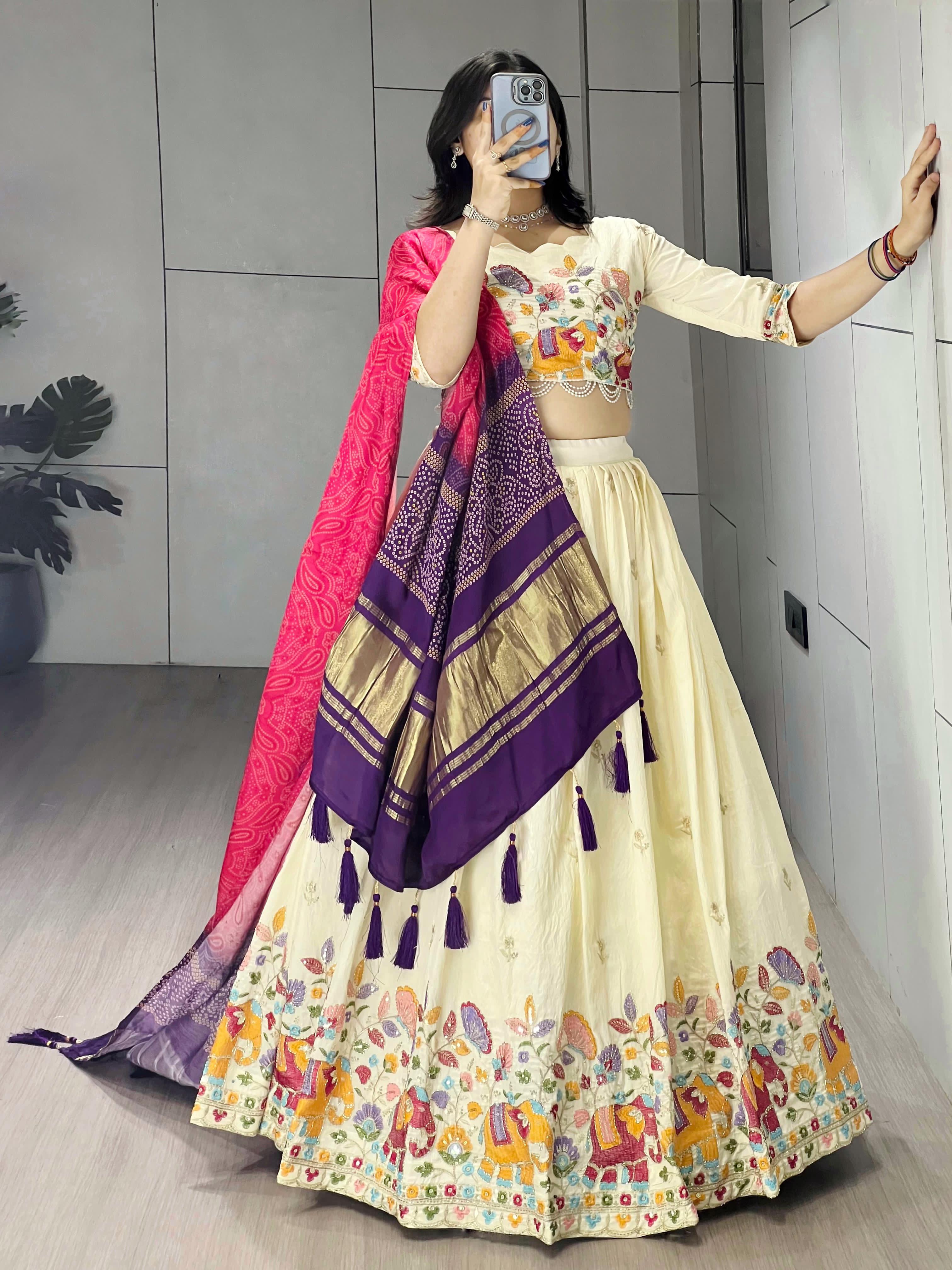 Cream Rani Pure Crush Vichitra Rich Semi Beads Embroidery Work Lehenga Choli