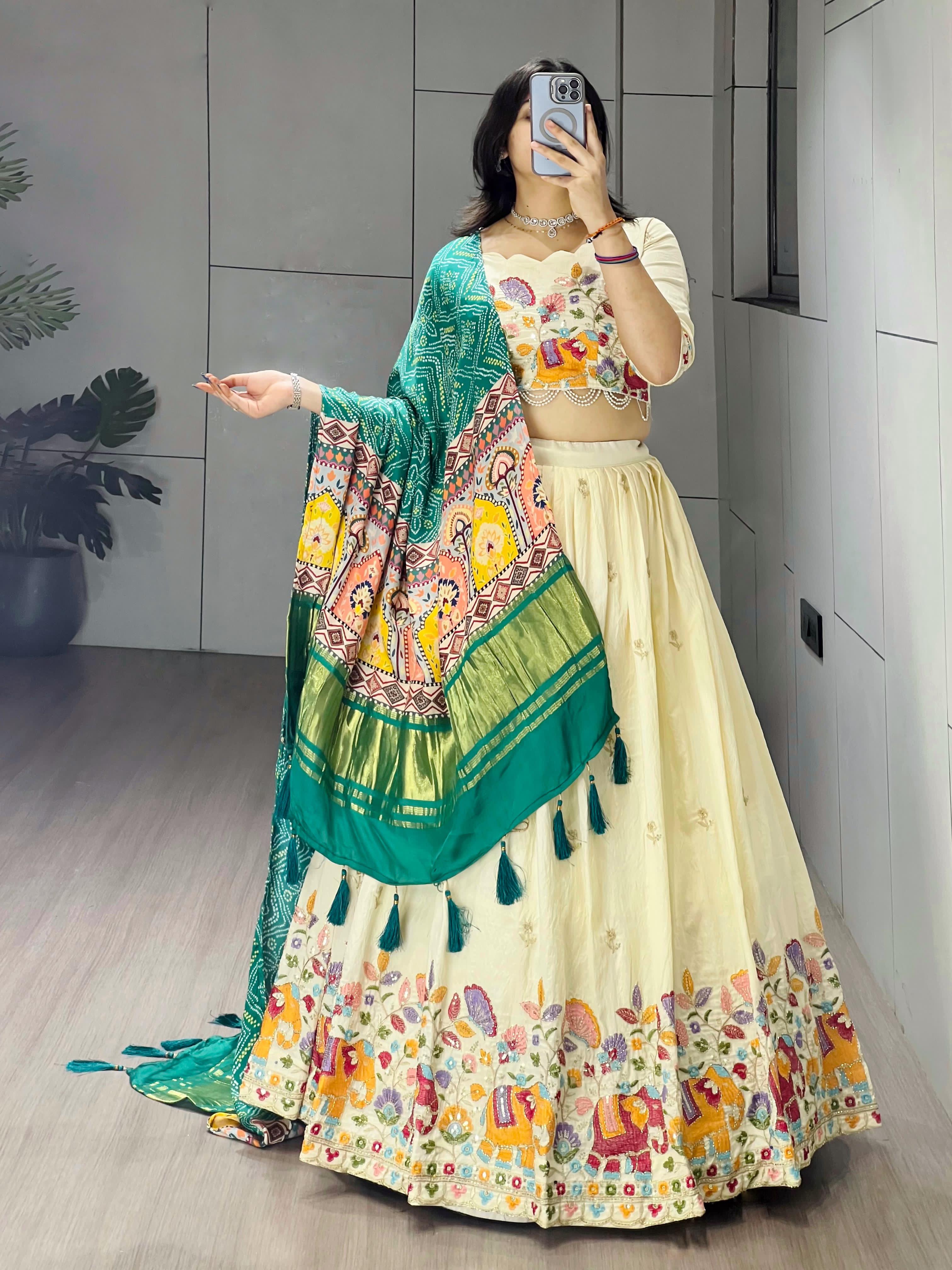 Cream Rama Pure Crush Vichitra Rich Semi Beads Embroidery Work Lehenga Choli