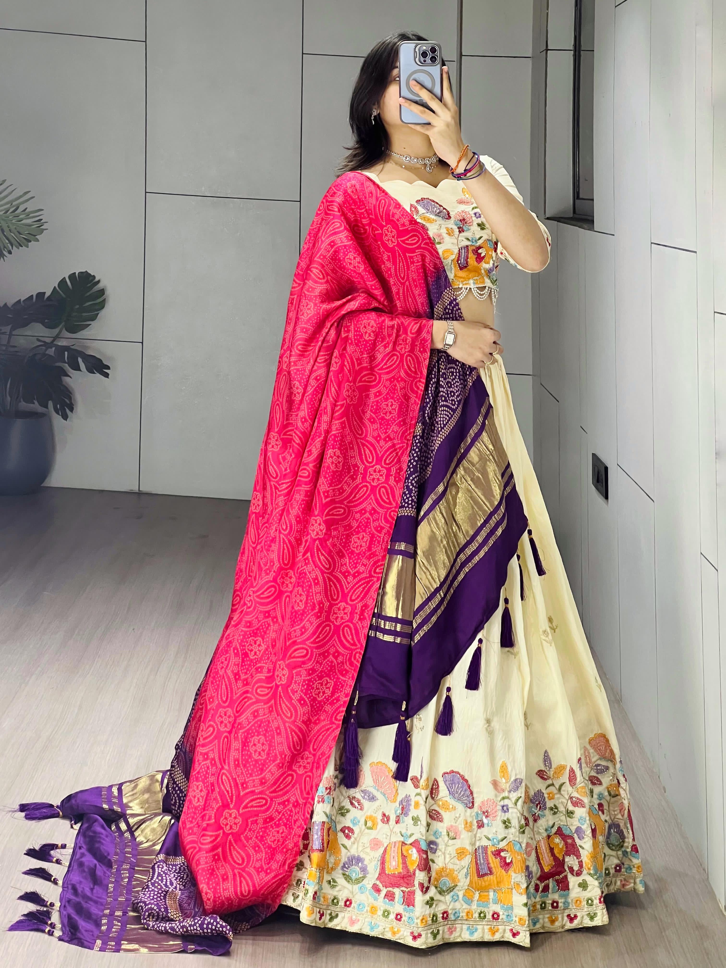Cream Rani Pure Crush Vichitra Rich Semi Beads Embroidery Work Lehenga Choli