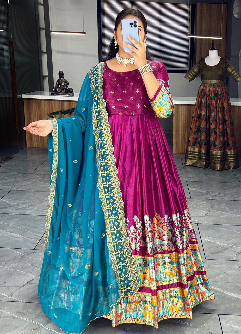 Wine Pure Soft Dola Silk With Kalamkari Print Lehenga Choli
