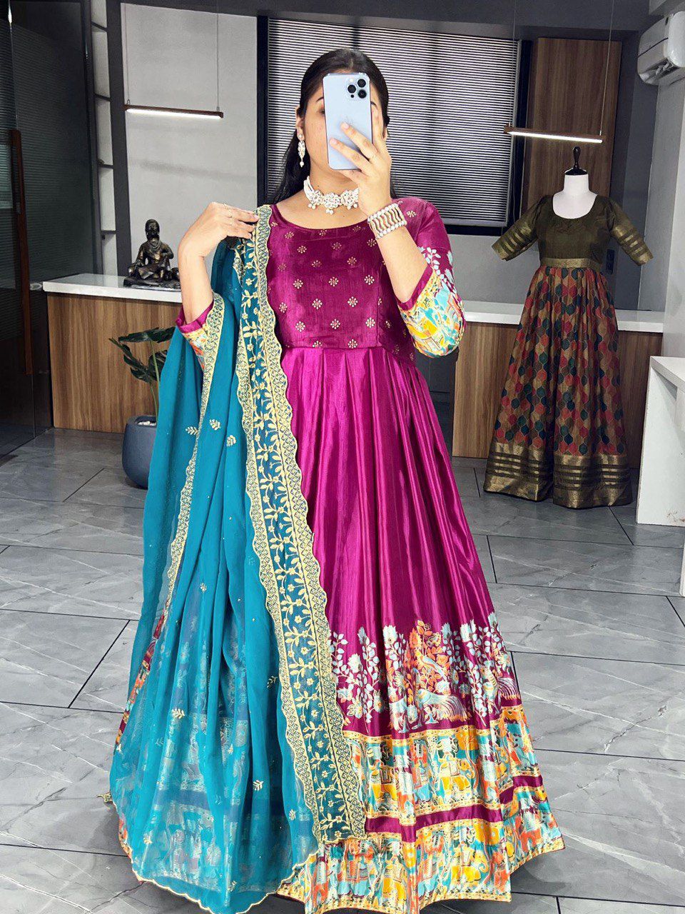 Wine Pure Soft Dola Silk With Kalamkari Print Lehenga Choli
