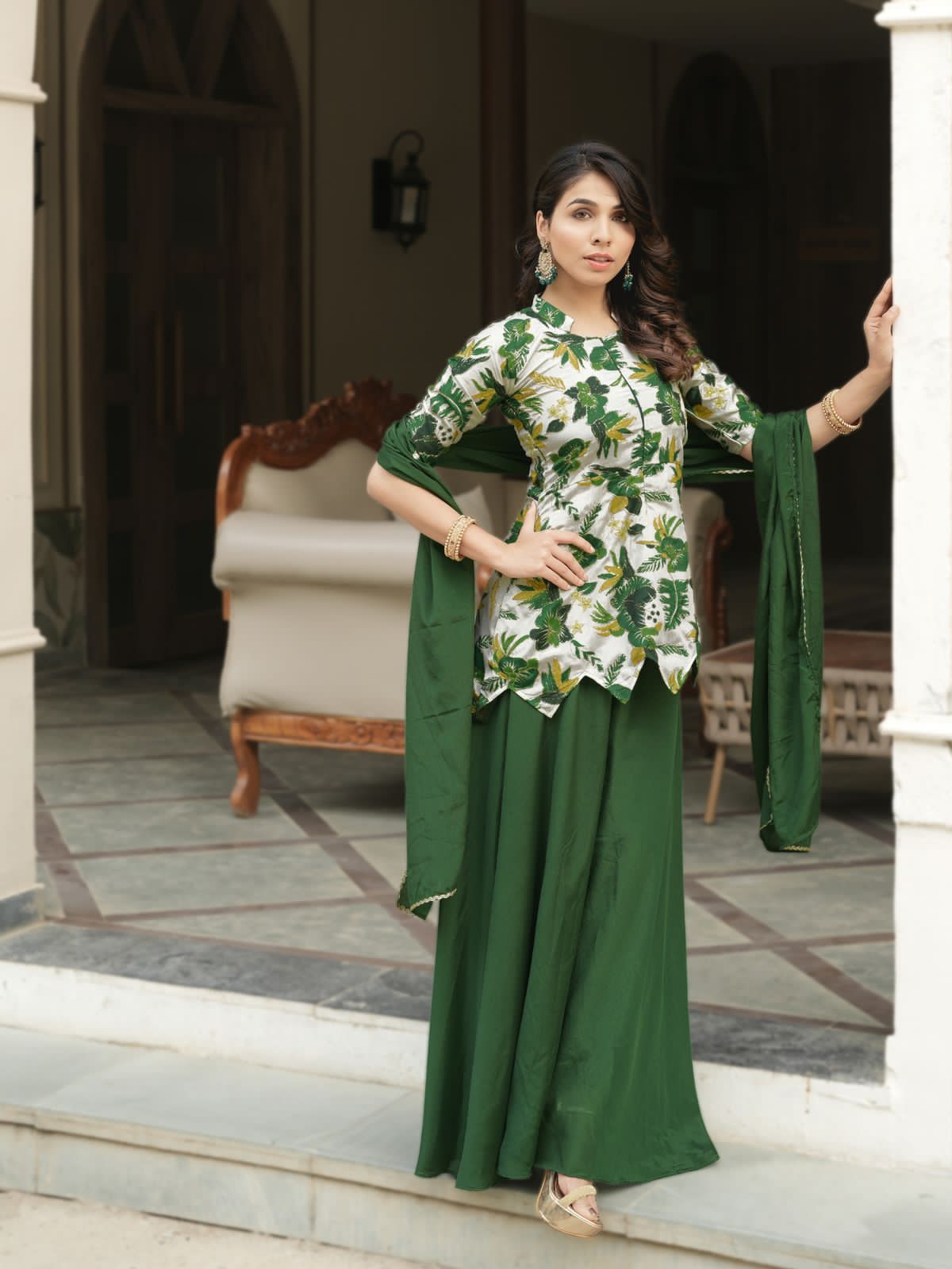 Green Pure Chinon Printed with Embroidery Work Kurti with Plazzo
