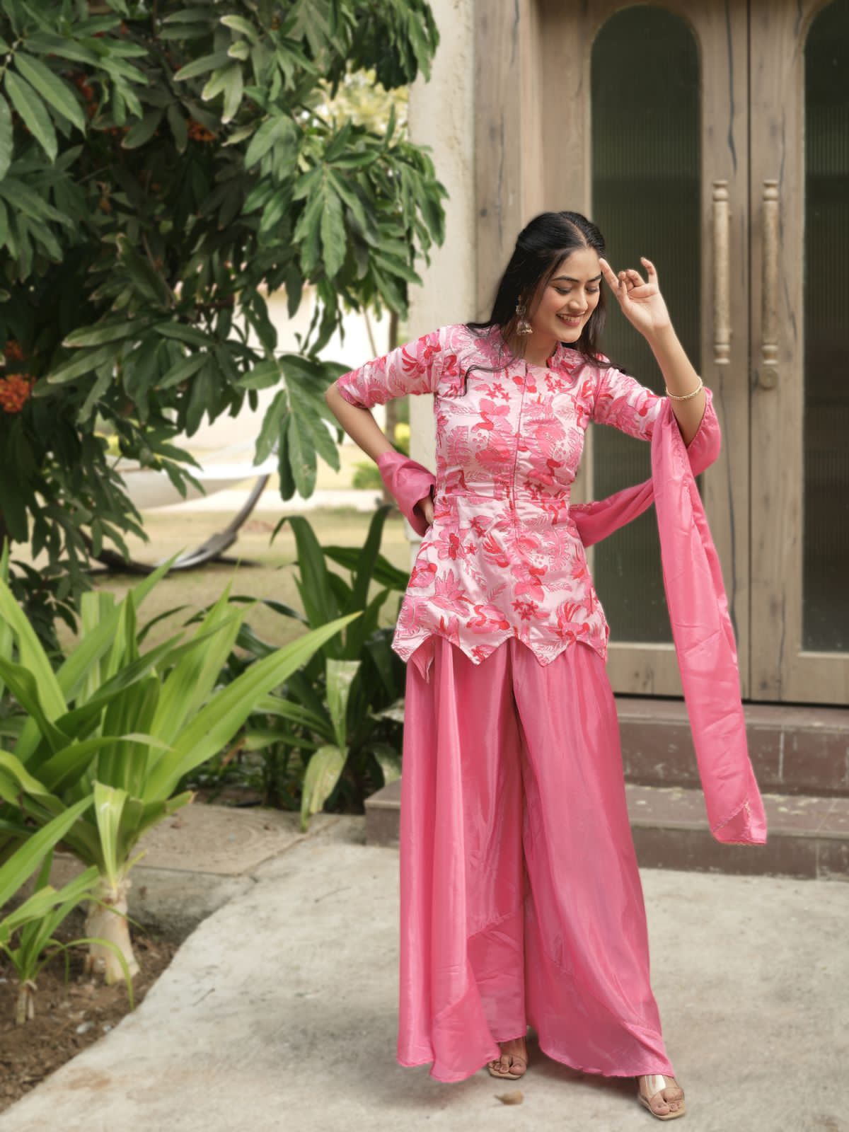 Pink Pure Chinon Printed with Embroidery Work Kurti with Plazzo