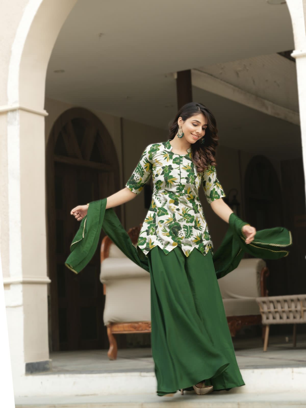 Green Pure Chinon Printed with Embroidery Work Kurti with Plazzo