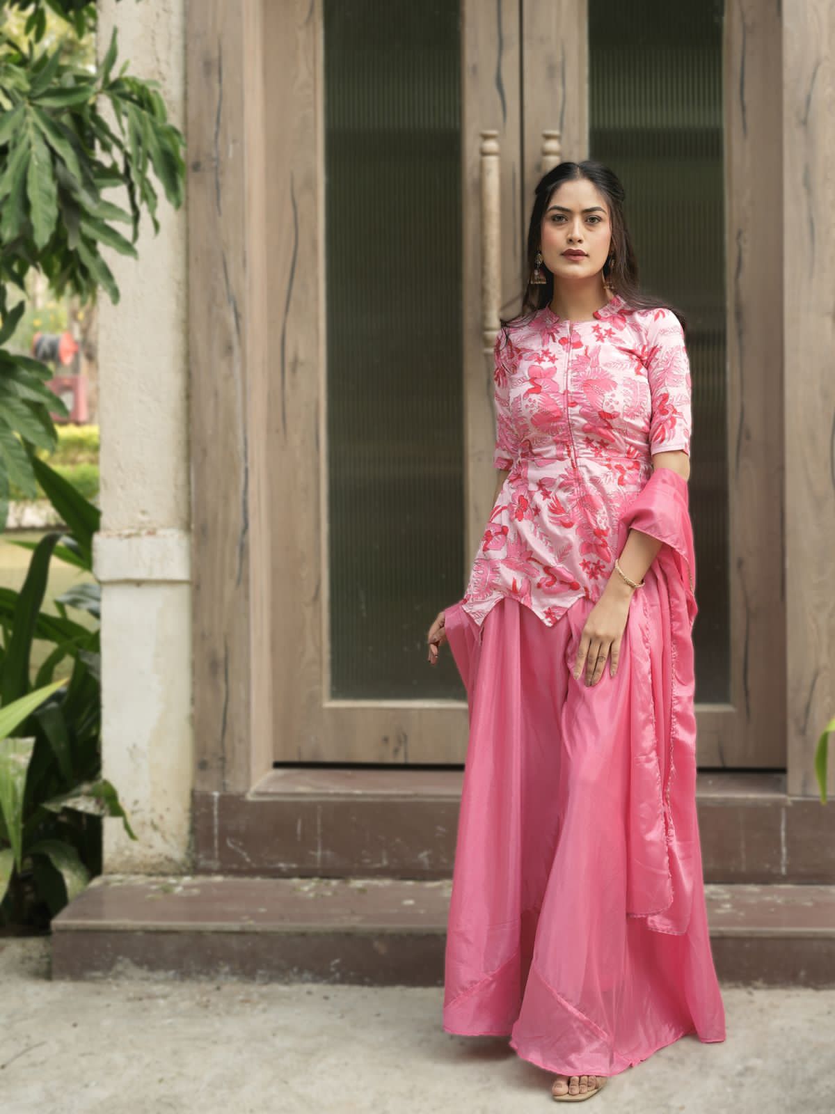 Pink Pure Chinon Printed with Embroidery Work Kurti with Plazzo
