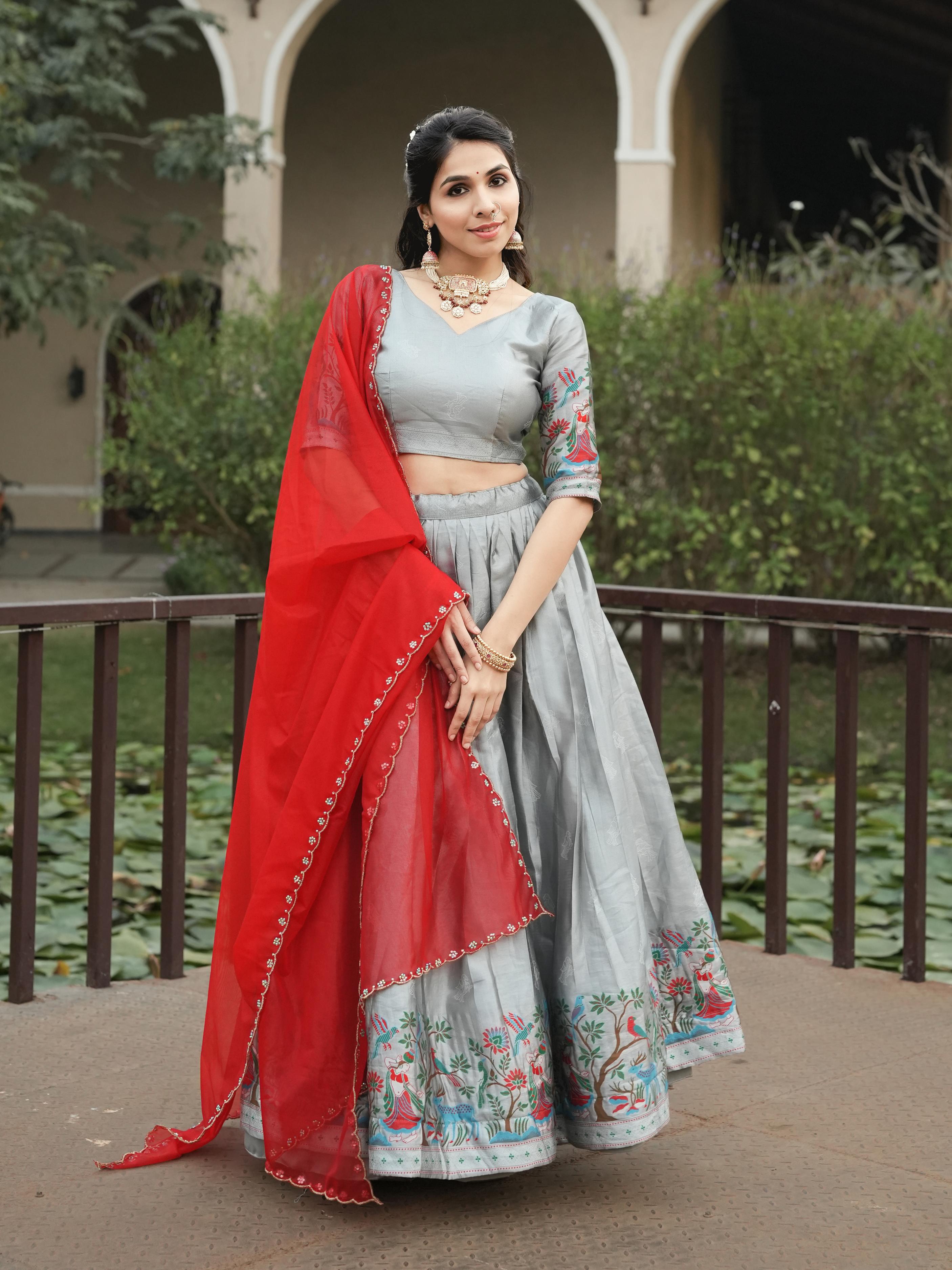 Silver Pure Soft Silk Zari Contrast Kalamkari Weaving Lehenga Choli