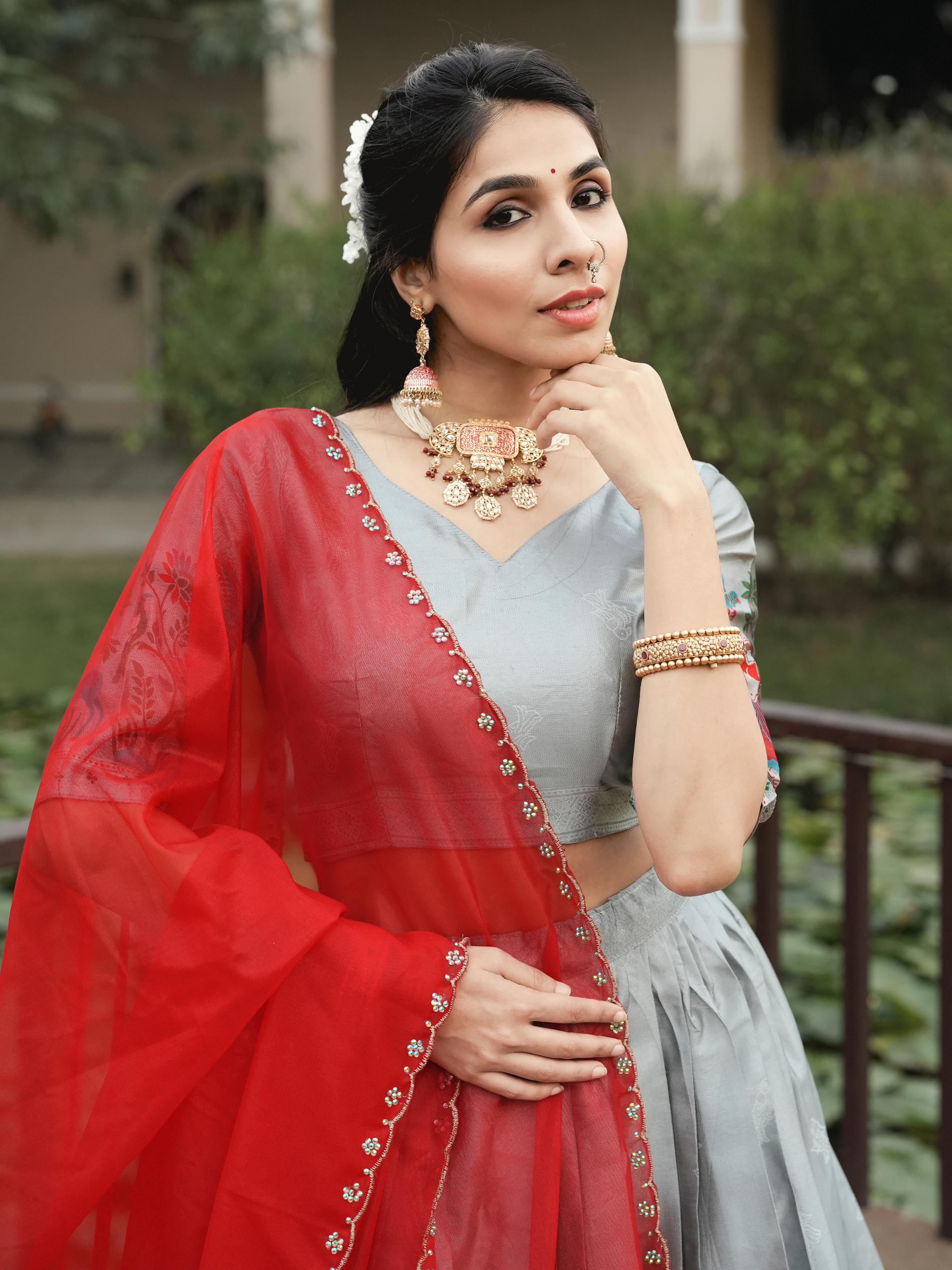 Silver Pure Soft Silk Zari Contrast Kalamkari Weaving Lehenga Choli