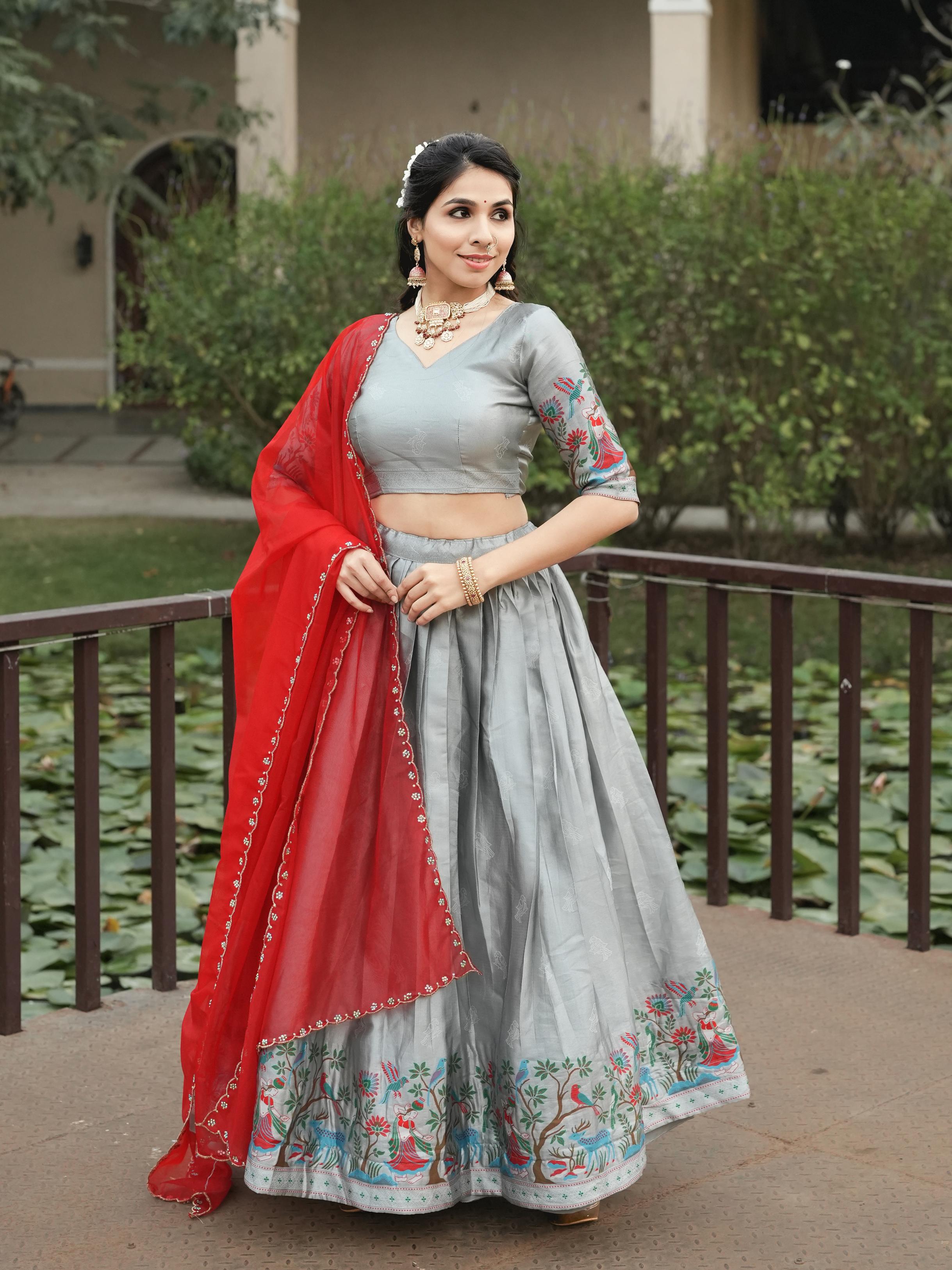 Silver Pure Soft Silk Zari Contrast Kalamkari Weaving Lehenga Choli