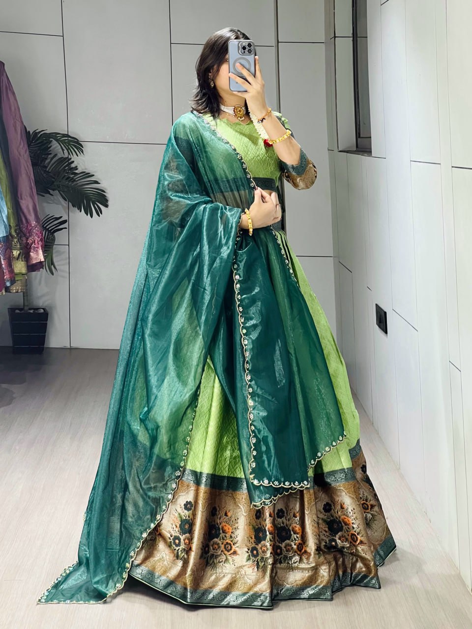 Parrot Pure Silk Zari Weaving Kalamkari Weaving Border Lehenga Choli