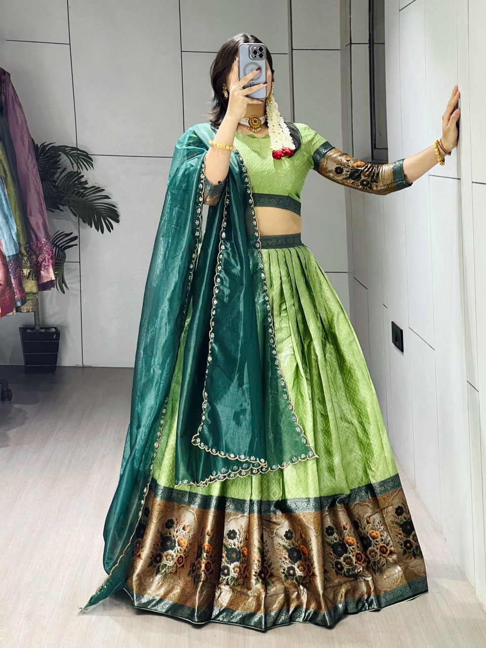 Parrot Pure Silk Zari Weaving Kalamkari Weaving Border Lehenga Choli