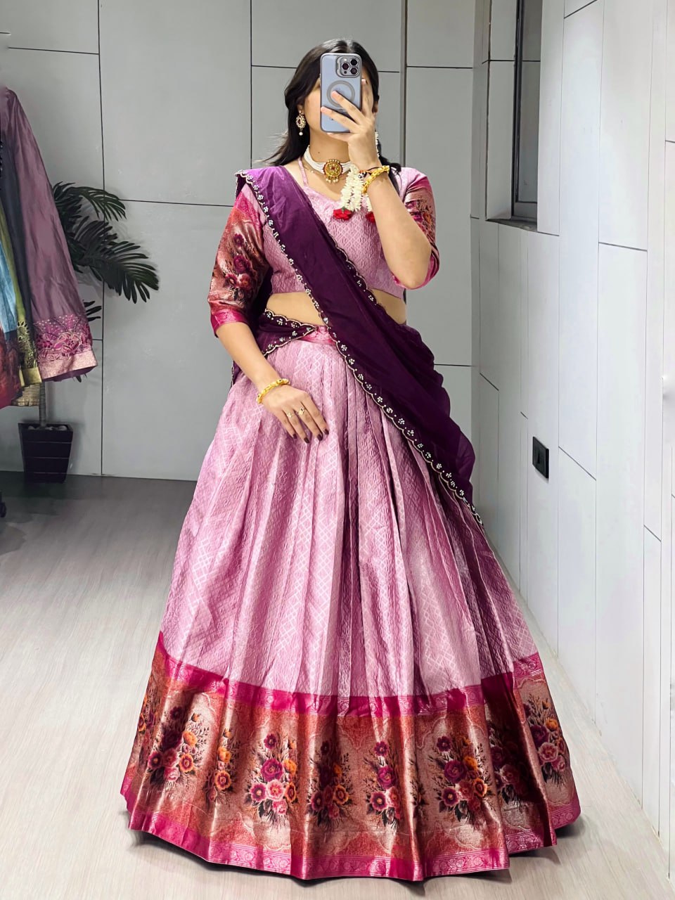 Wine Pure Silk Zari Weaving Kalamkari Weaving Border Lehenga Choli