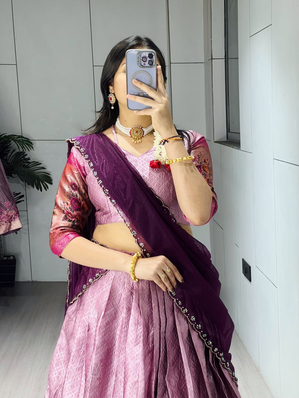 Wine Pure Silk Zari Weaving Kalamkari Weaving Border Lehenga Choli