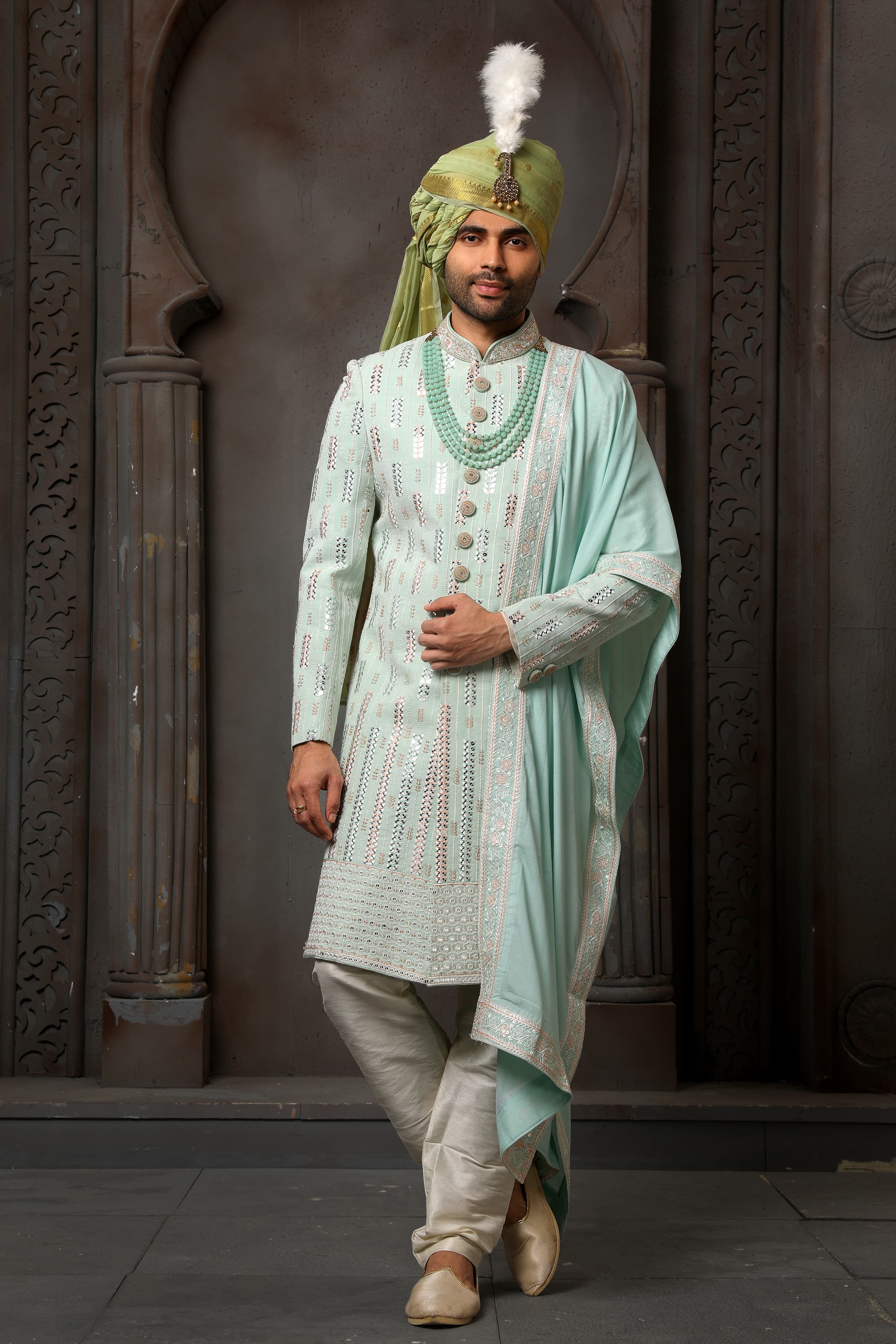 Pista Green Embroidered Groom Sherwani for Men