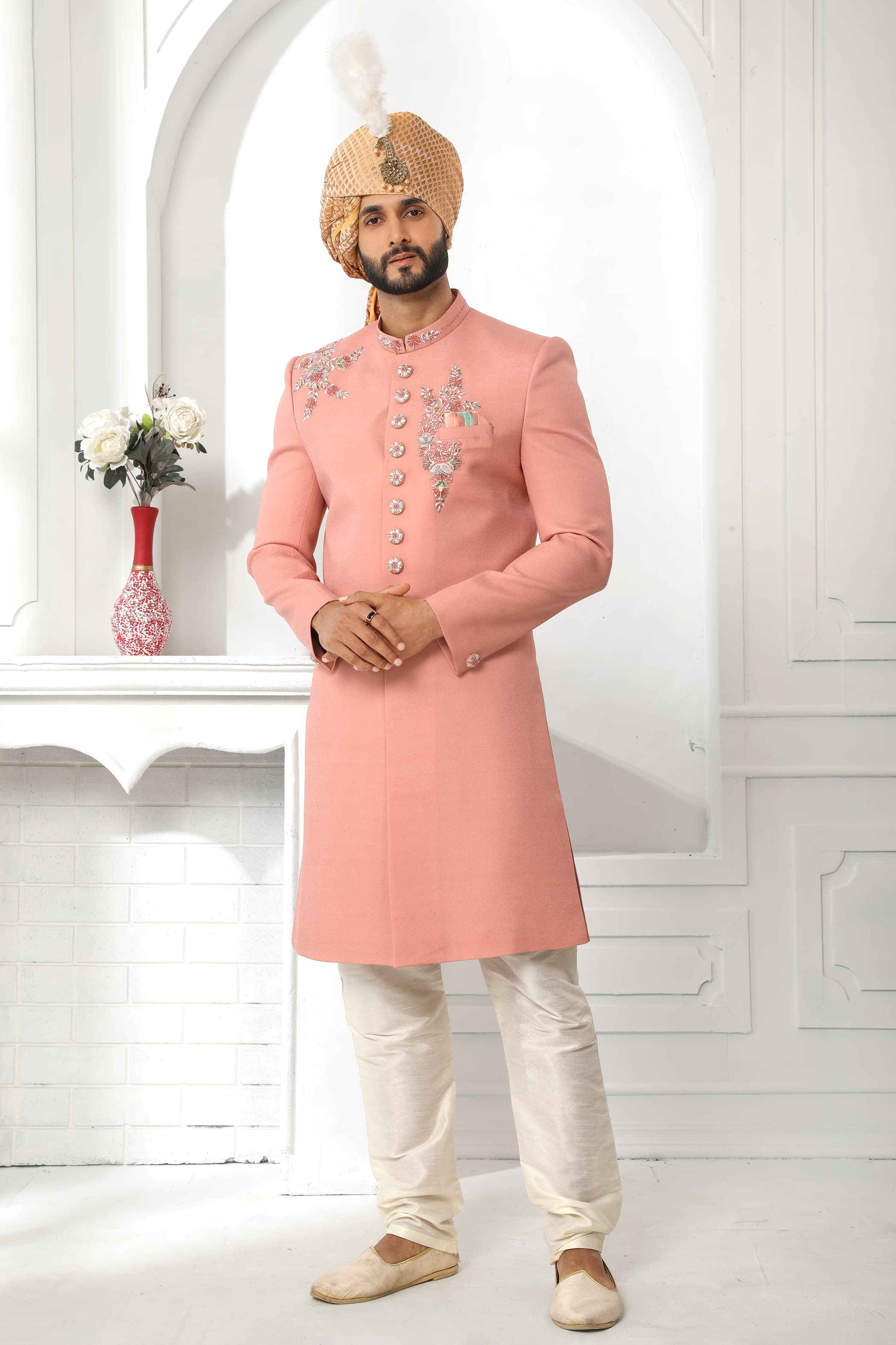 Dark Peach Art Silk Sherwani for Men with Dupatta