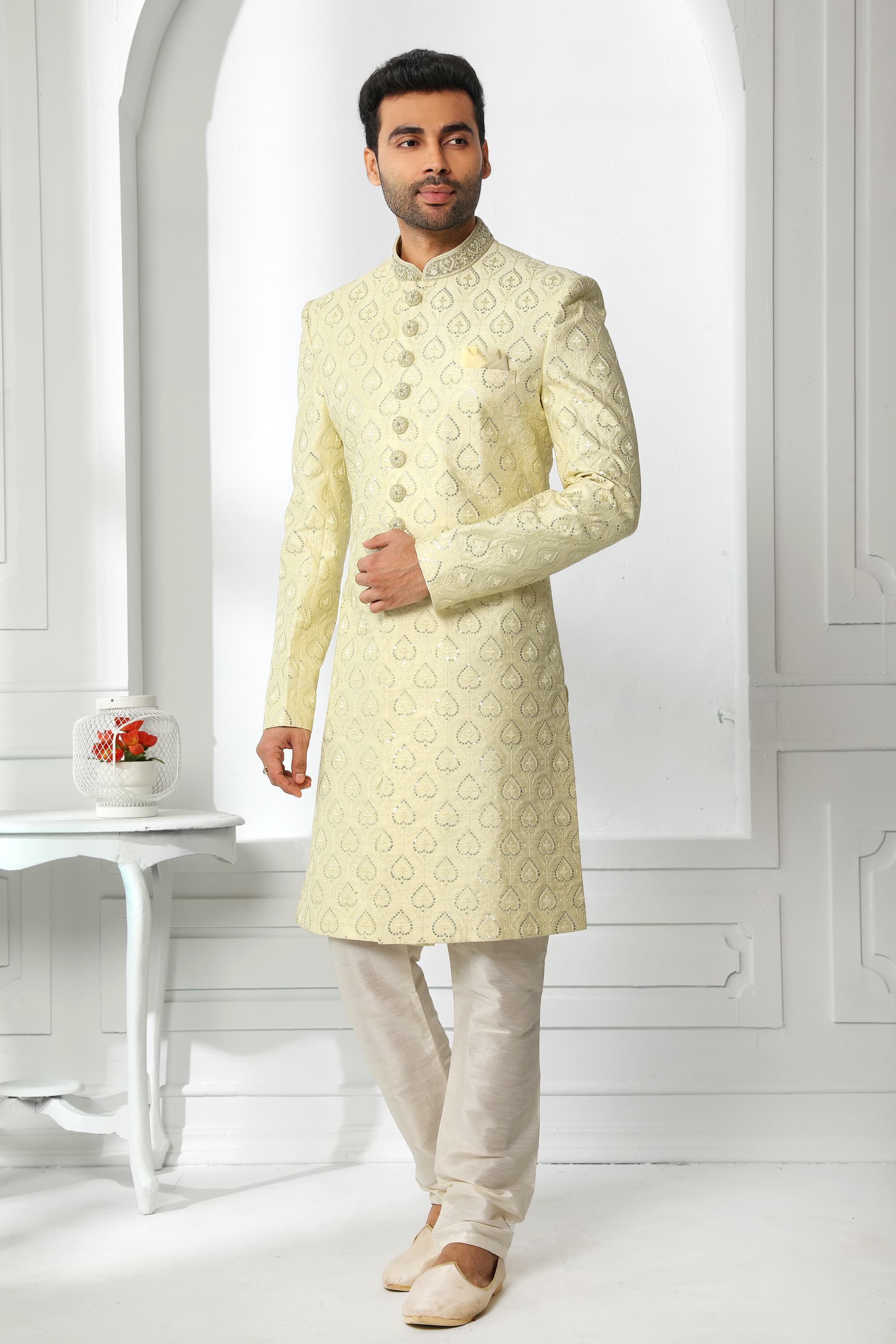 Pastel Yellow Embroidered Sherwani for Men