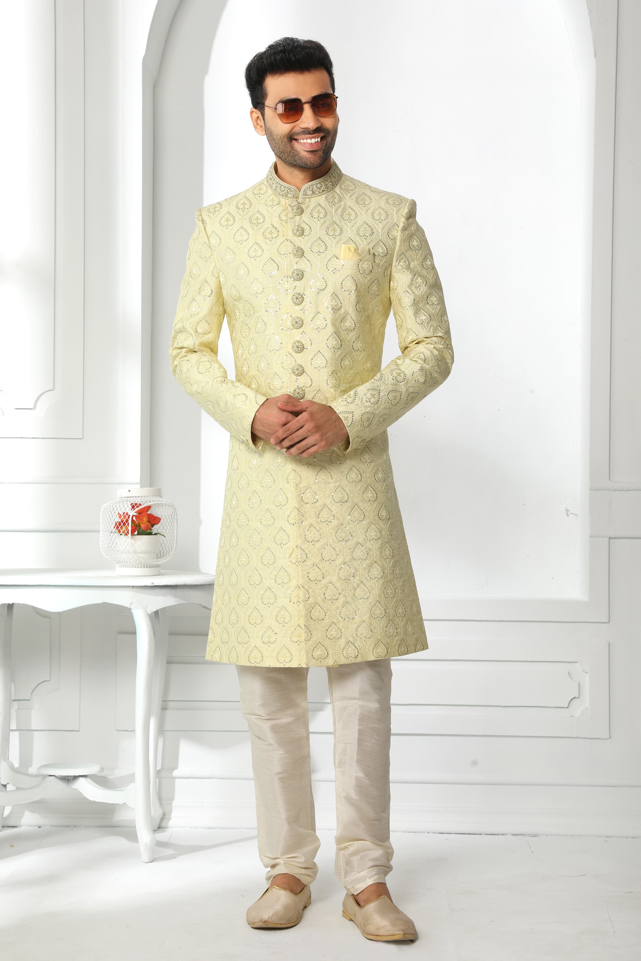 Pastel Yellow Embroidered Sherwani for Men