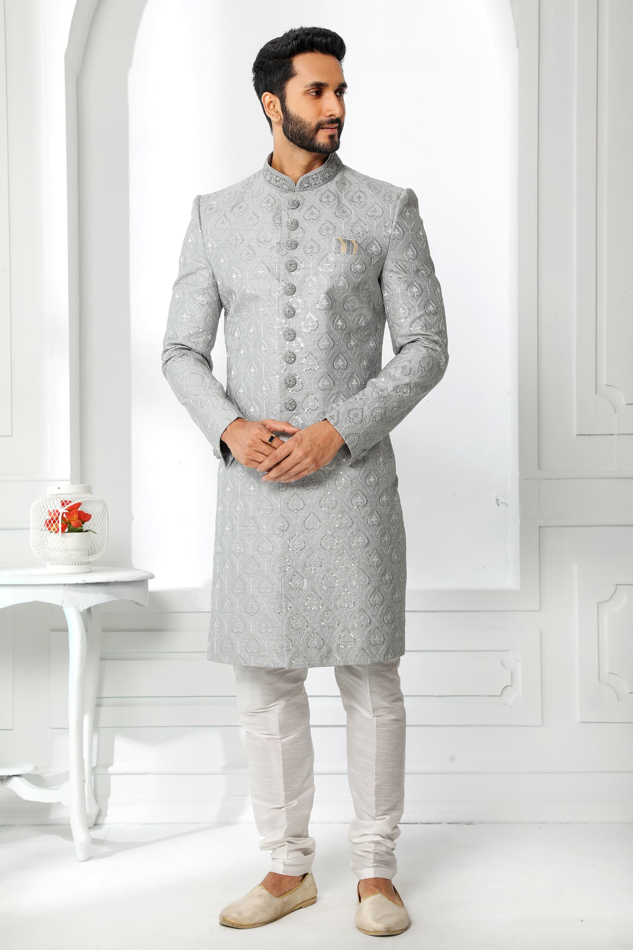 Grey Embroidered Sherwani for Men