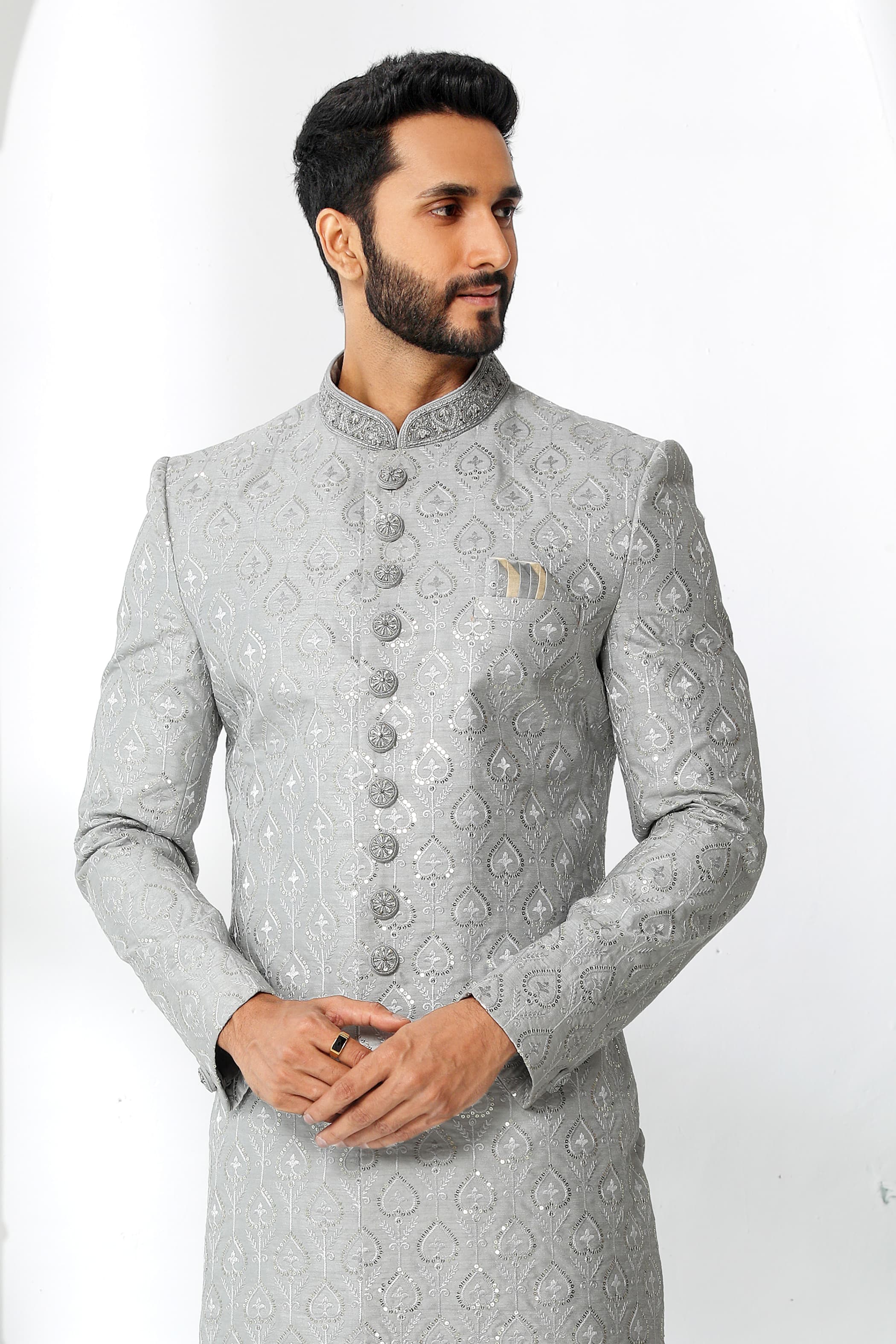 Grey Embroidered Sherwani for Men