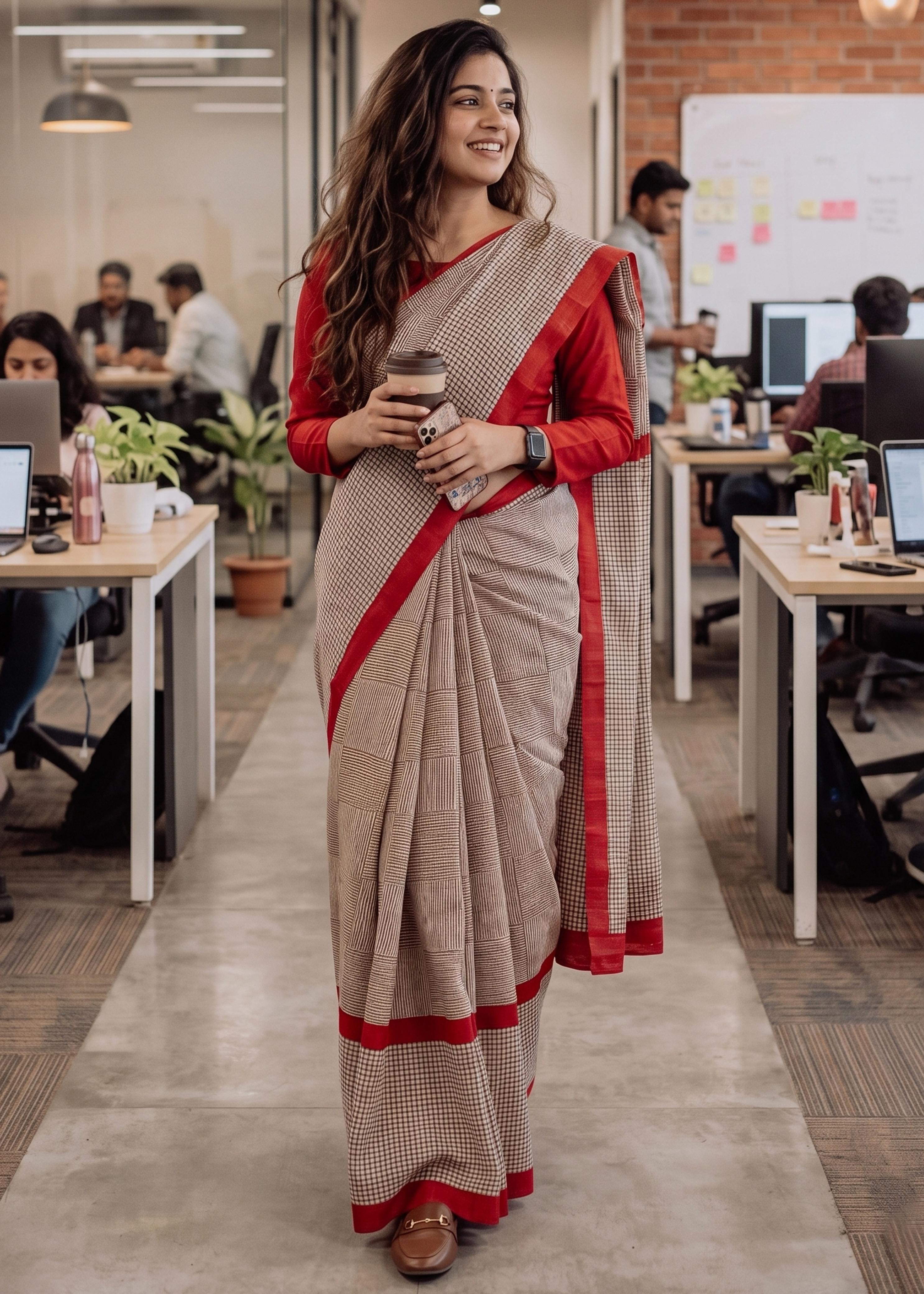 Red Mulmul Cotton Checks Hand Block Print Cotton Saree