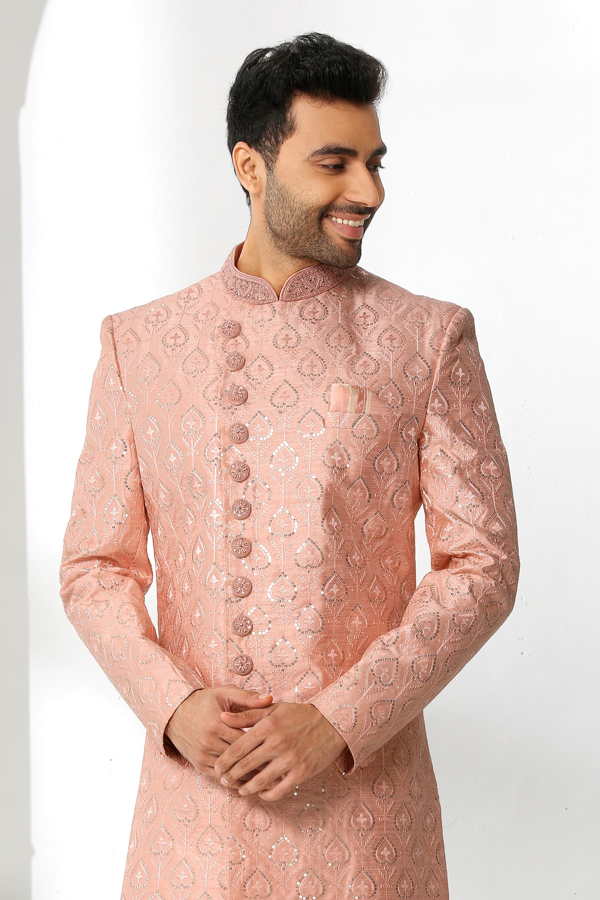 Peach Embroidered Sherwani for Men
